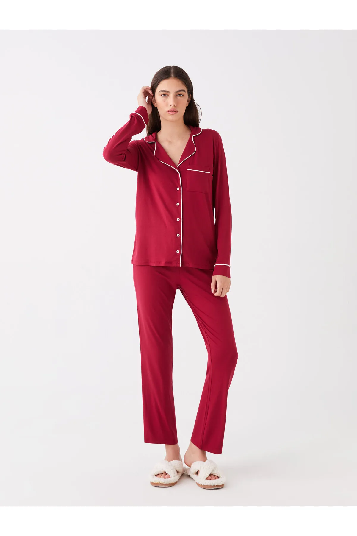 LC Waikiki  Einfarbiges, langärmliges Damen-Pyjama-Set mit Hemdkragen