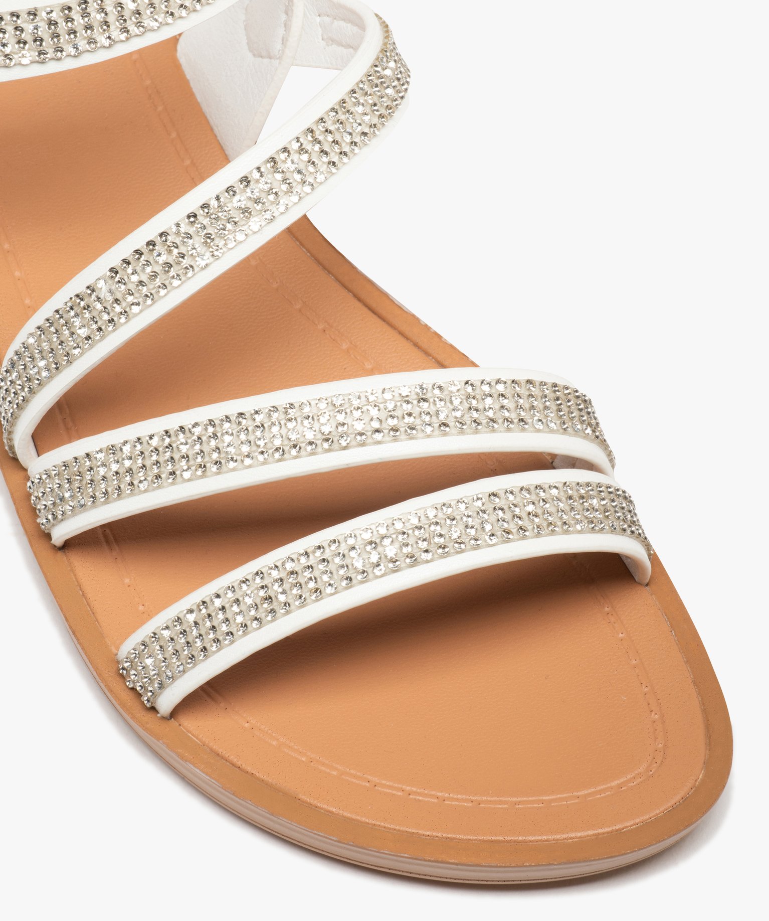 Sandales femme plates à brides strass unies blanc | GEMO
