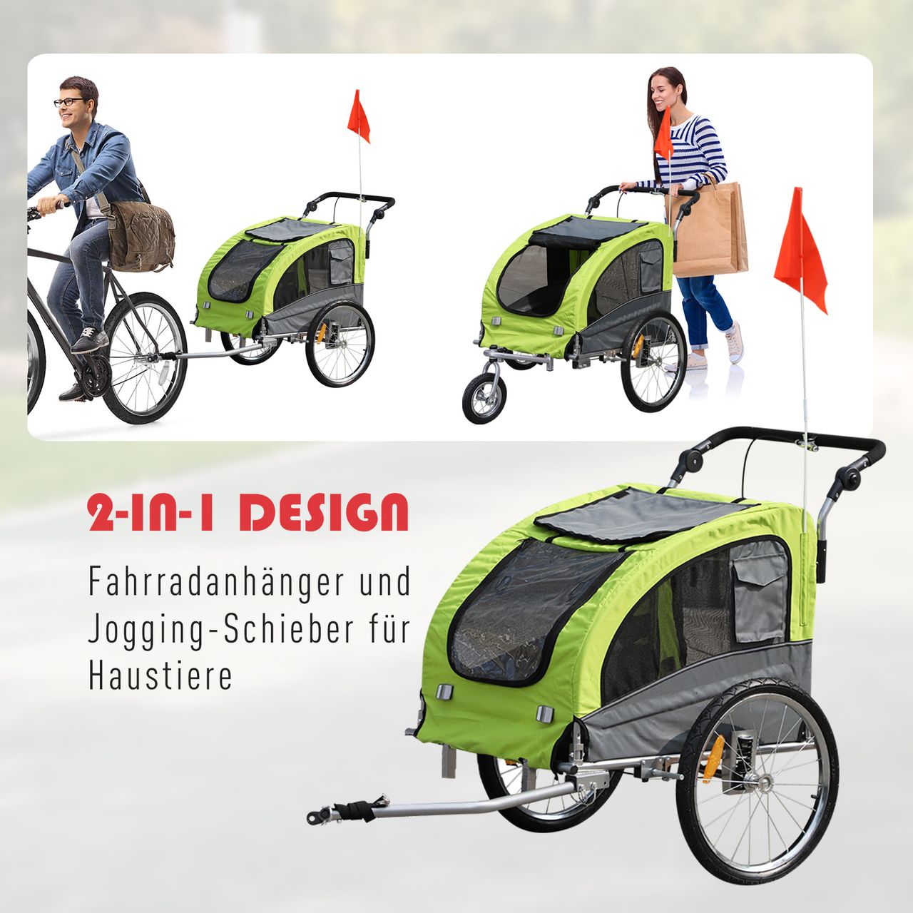 PawHut Hundeanhänger Fahrradanhänger Jogger Hunde Anhänger 2 in1 Anhänger Grün
