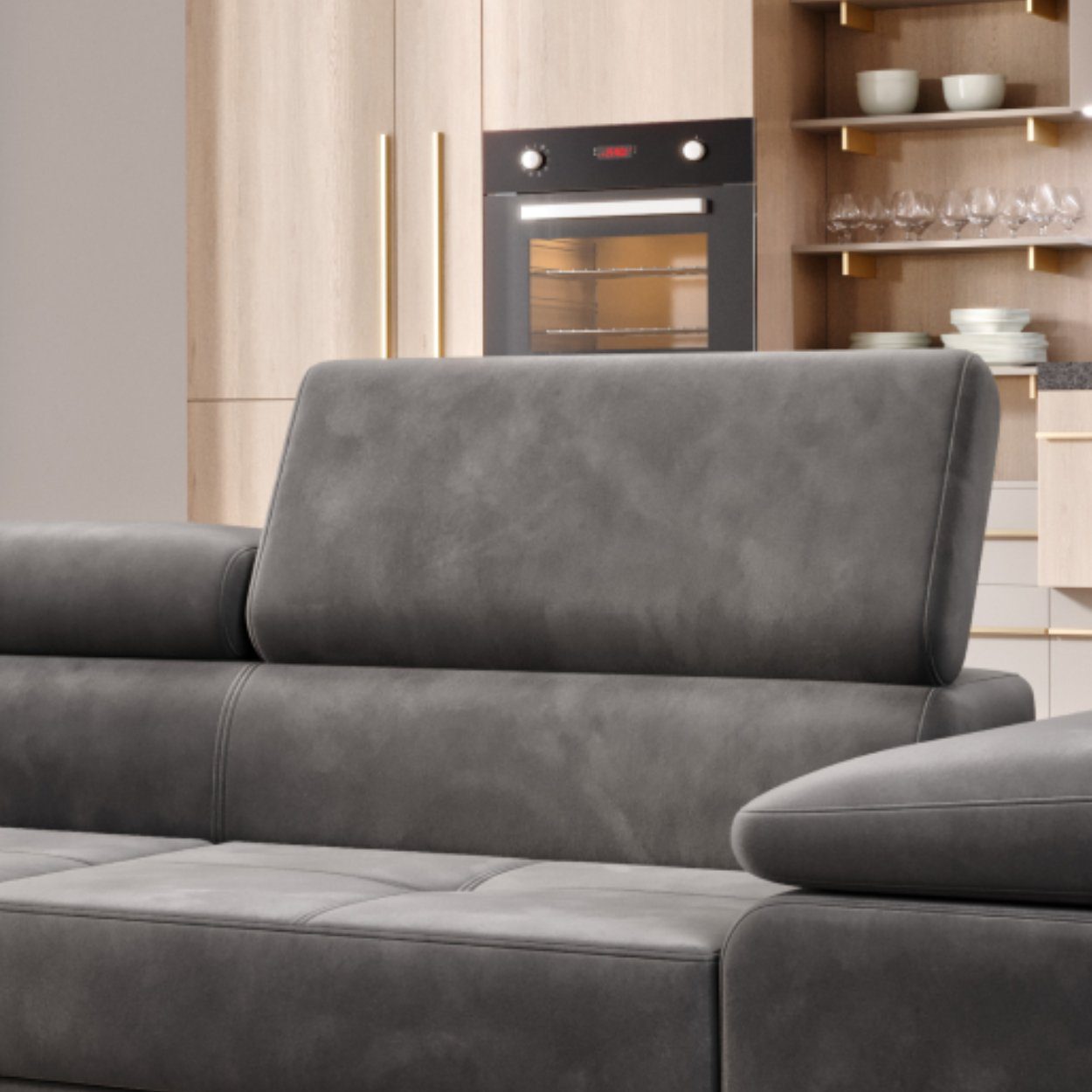 Möbel Punkt Ecksofa Monaco Samt Grau mit Bett Bettkasten Kopfteilverstellung Bett Sofa Schlafsofa Ottomane links