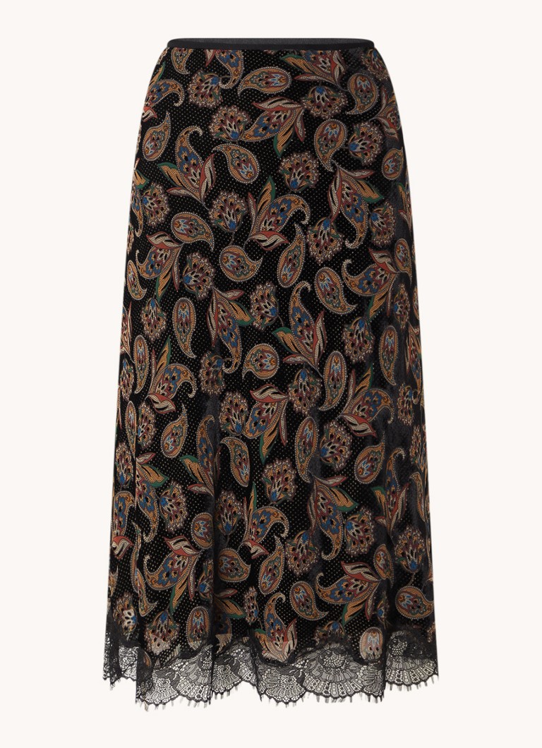 ba&sh  Rita midi rok van fluweel met inzet van kant en bloemenprint