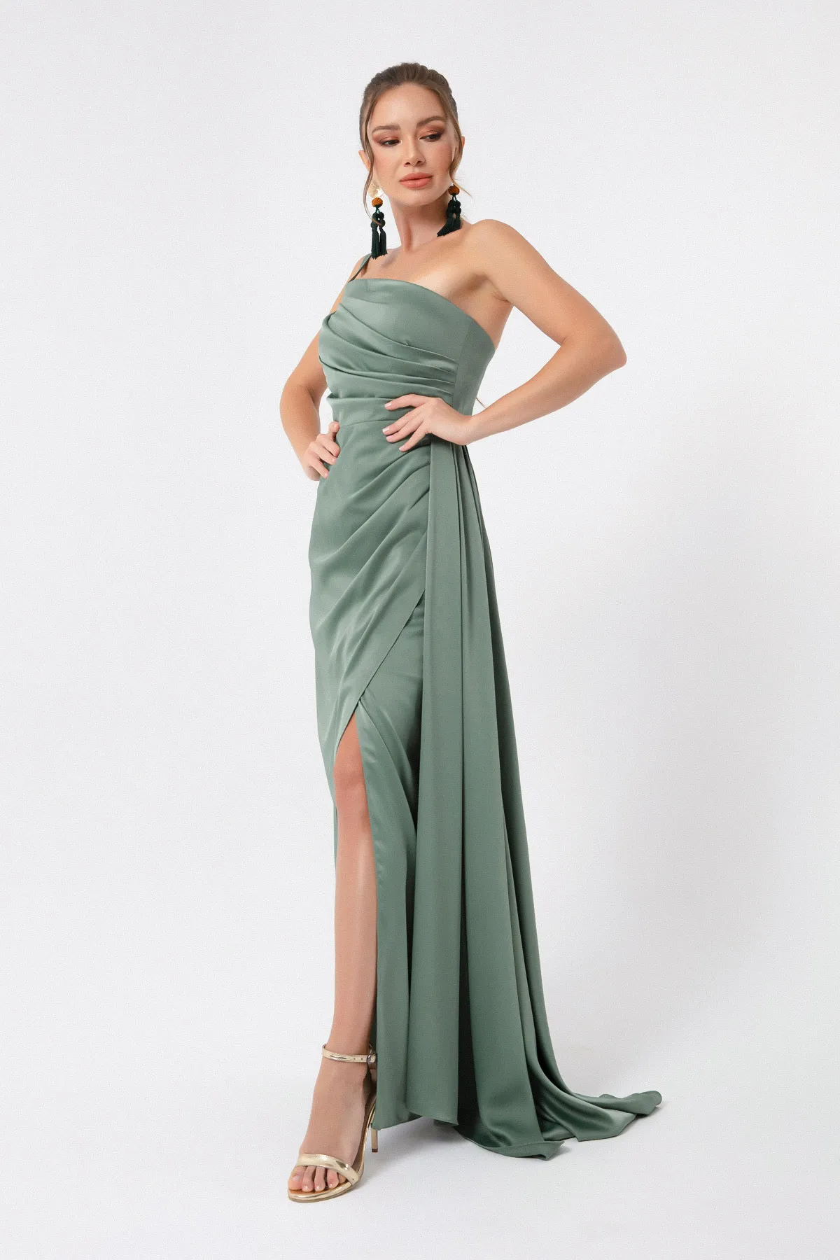 Lafaba  Türkisfarbenes One-Shoulder-Abendkleid und Abschlusskleid aus Satin für Damen