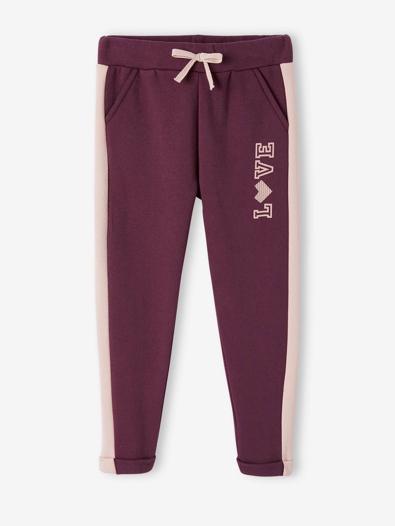Pantalon de sport fille en molleton bandes côtés prune