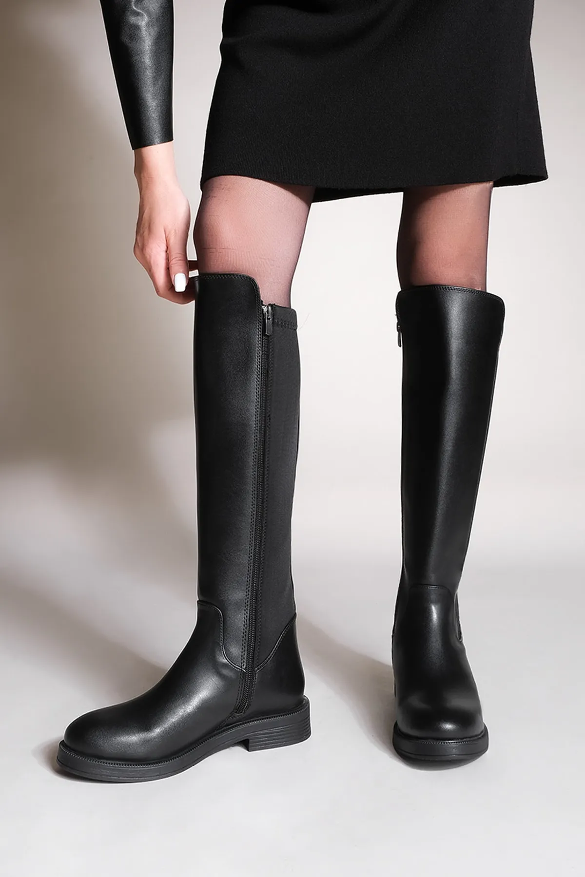Marjin  Damen Alltagsstiefel Elastisch Stretch Kniehoch Enpar Schwarz