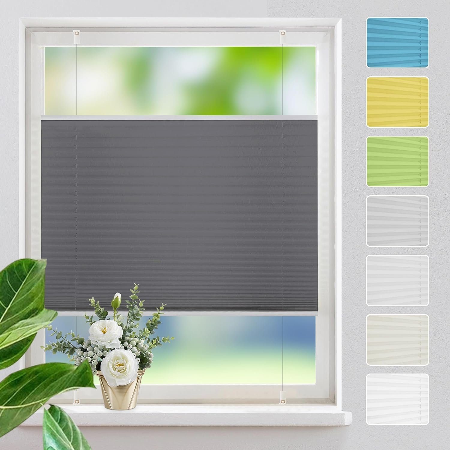Plissee Faltrollo Ohne Bohren, OUBO, Klemmträger,Easyfix, Lichtschutz, verspannt, Klemmfix, Jalousie für Fenster & Tür, einfach Montage