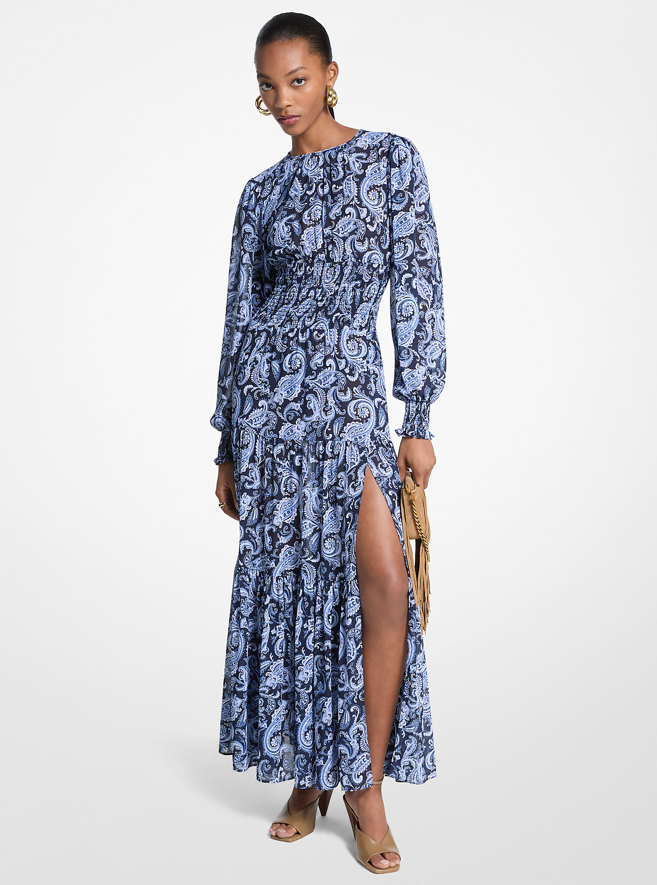 Abito lungo in georgette con stampa paisley e arricciature - BLU FRANCESE