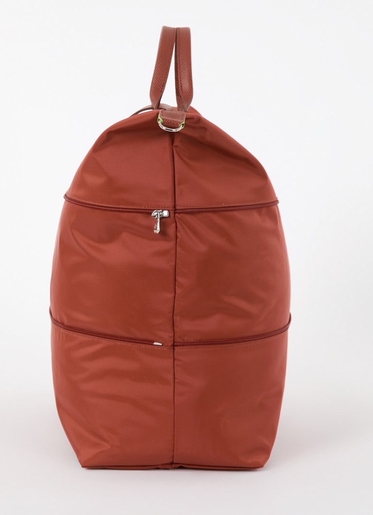 Longchamp Le Pliage Green laajennettava matkalaukku nahkayksityiskohdilla