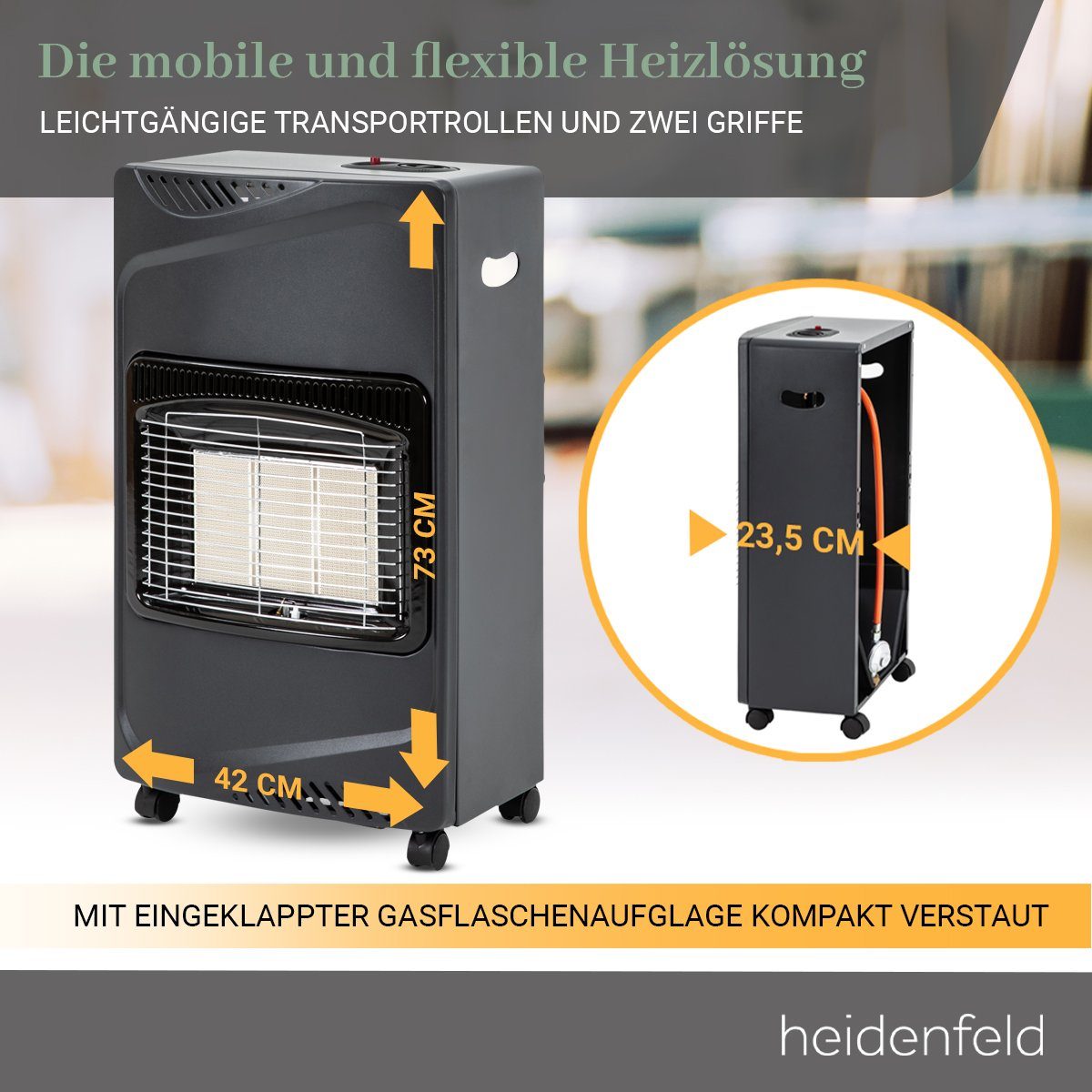Heidenfeld Heizstrahler Gasheizer GH100 inkl. 3 Jahre Garantie Piezo Zündung, 4200 W, Wärmestrahler 3 regelbare Wärmeleistungen - Heizung - Gasheizgerät
