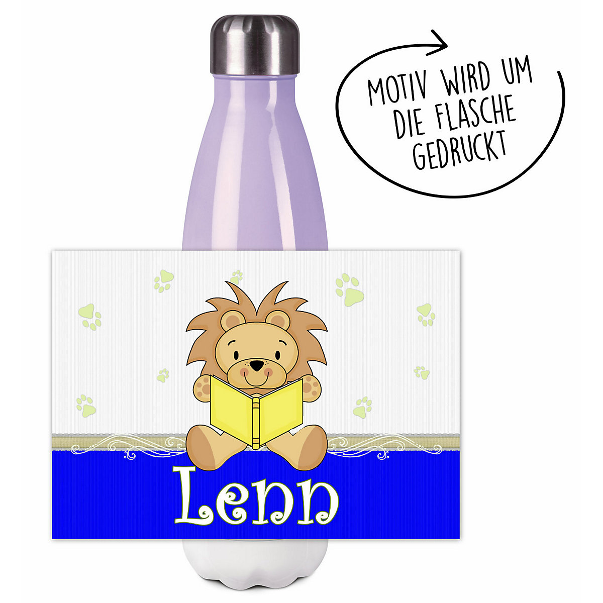 Edelstahl Kinder Thermoflasche / Trinkflasche bunt Leselöwe Farbe blau Spülmaschinenfest, Auslaufsicher, Bruchfest, Doppelwandig, Für Heißgetränke geeignet, Mit Deckel, Isoliert
