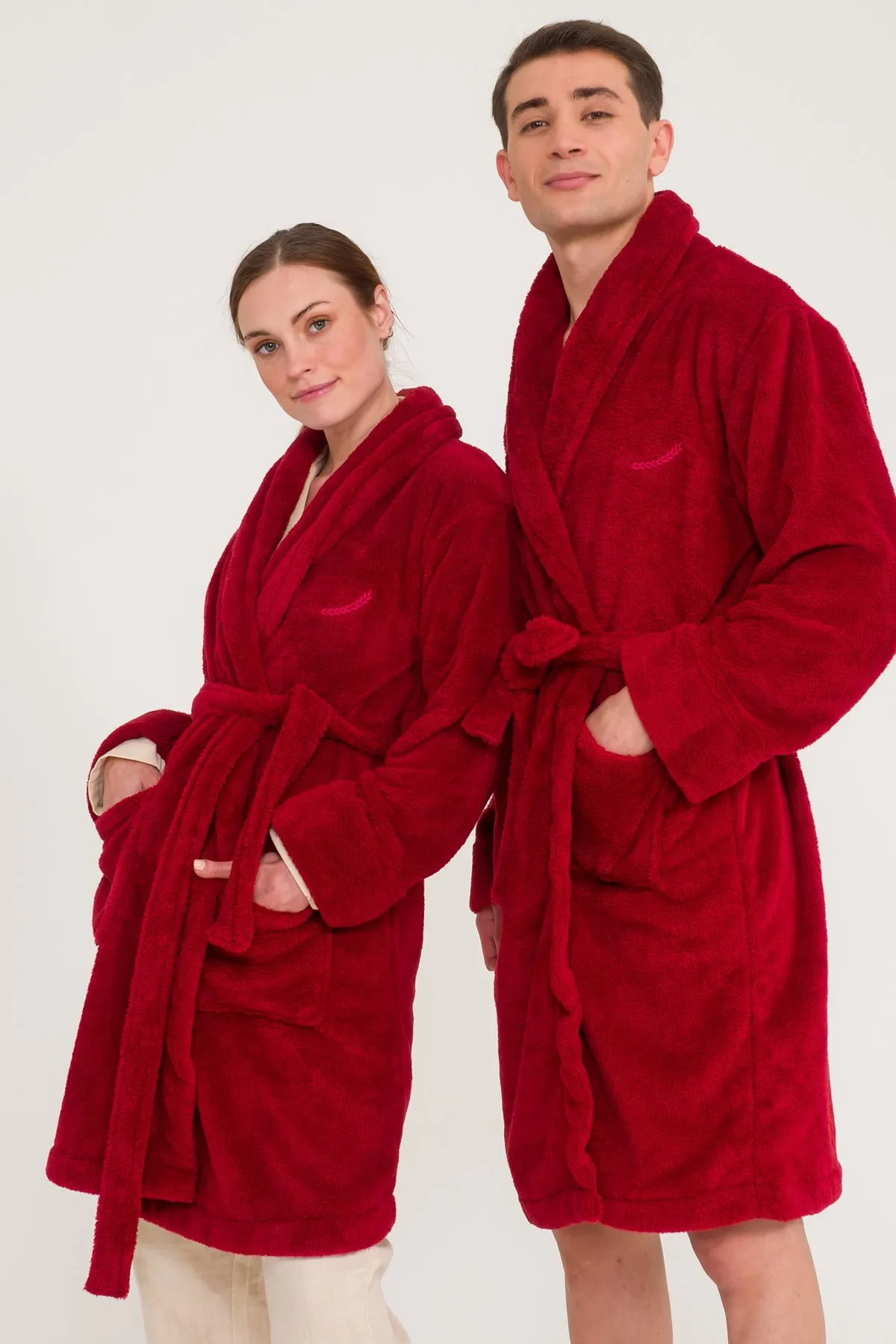 Miespiga  Schalkragen Welsoft Bordeauxrot Fleece-Bademantel Familienset