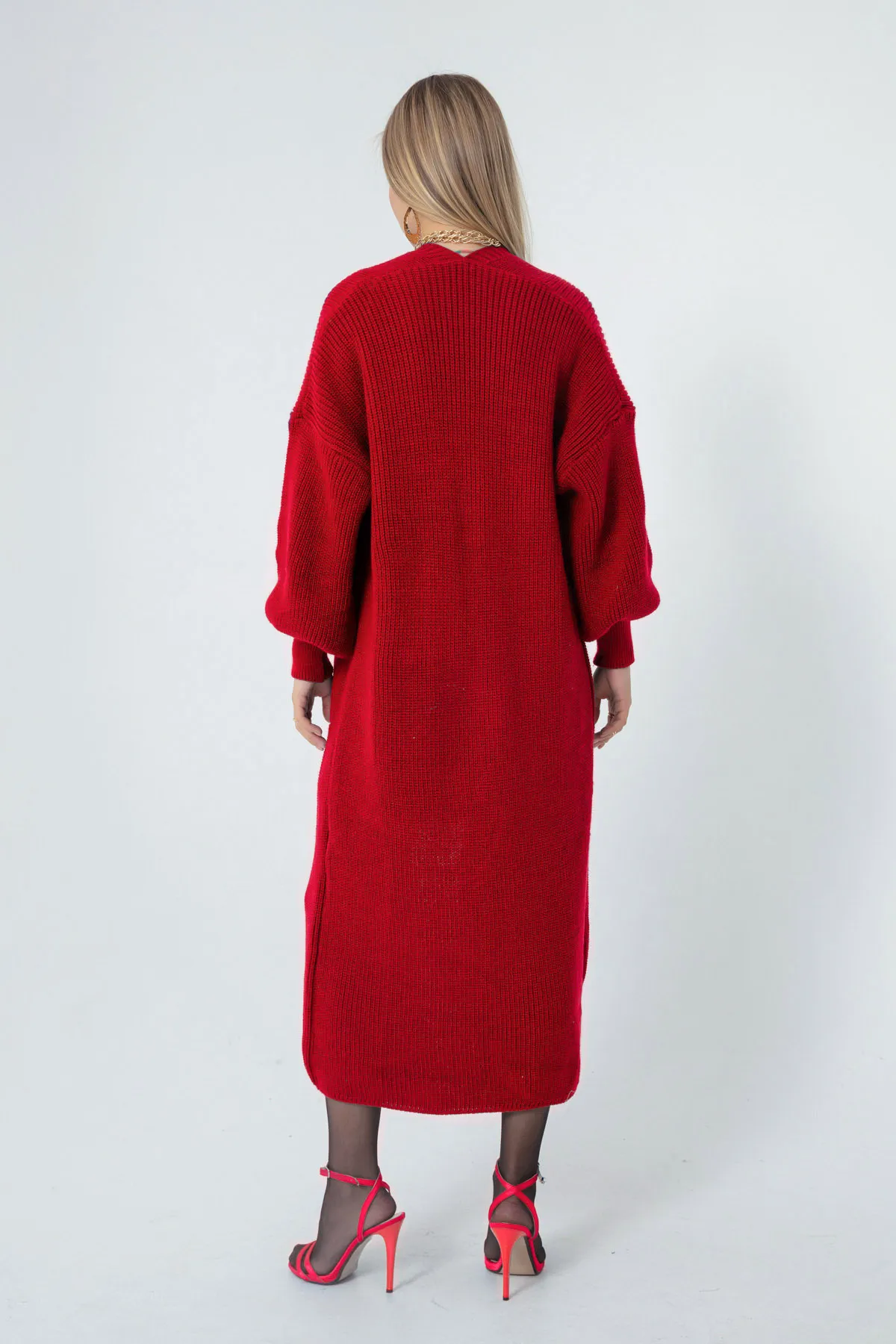 Lafaba  Roter langer Damen-Cardigan mit Ballonärmeln