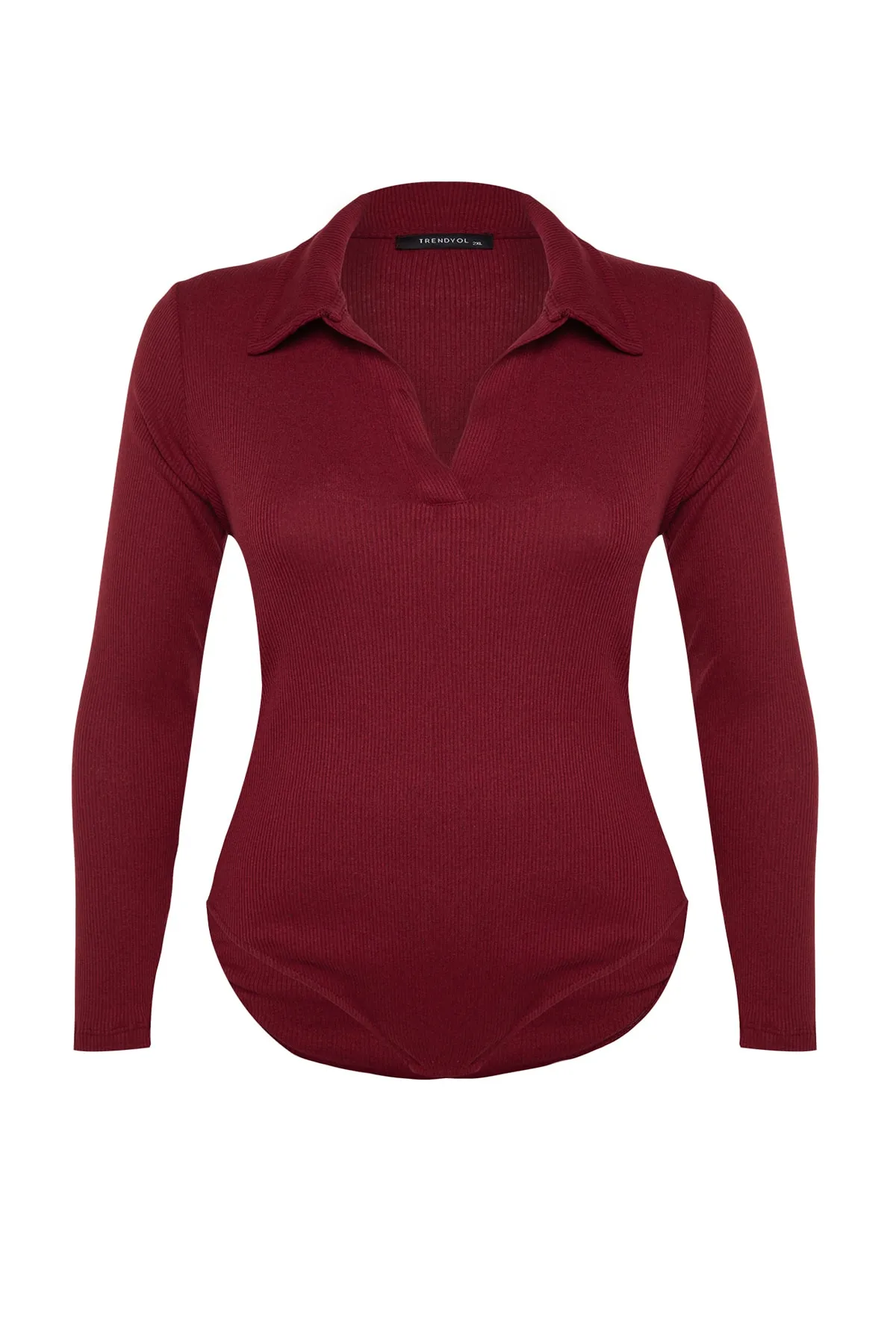 Trendyol Curve  Weinroter, taillierter Strickbody mit geripptem Hemdkragen und Druckknopfverschluss TBBAW23CS00007