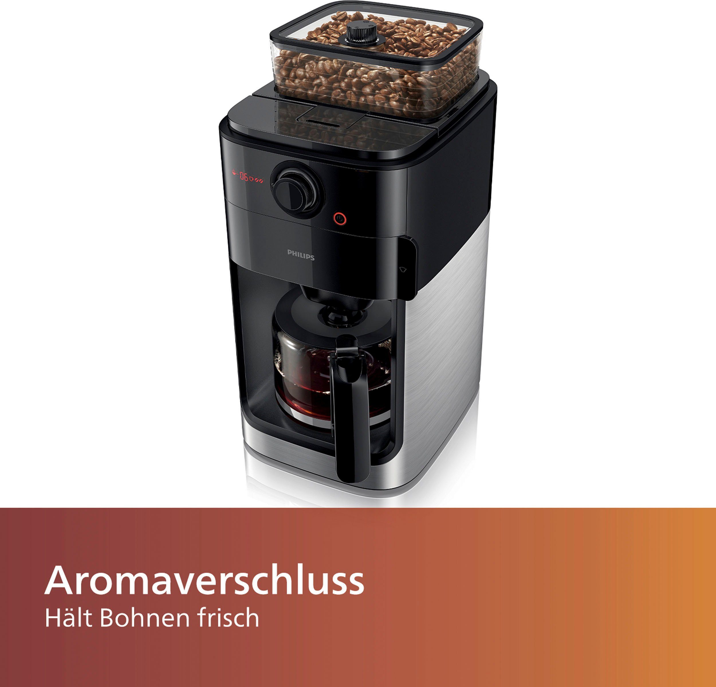 Philips Kaffeemaschine mit Mahlwerk Grind & Brew HD7767/00, aromaversiegeltes Bohnenfach, edelstahl/schwarz