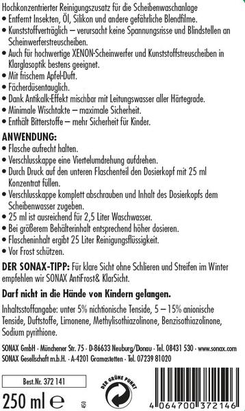 SONAX 372141 KlarSicht 1:100 Konzentrat Apple-fresh 250 ml - ATU