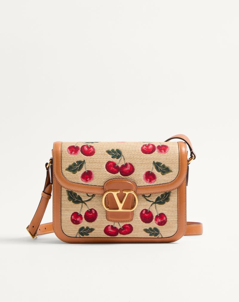 Valentino Garavani 9To5 Jacquard Raffia Skuldertaske med Kirsebærmotiv