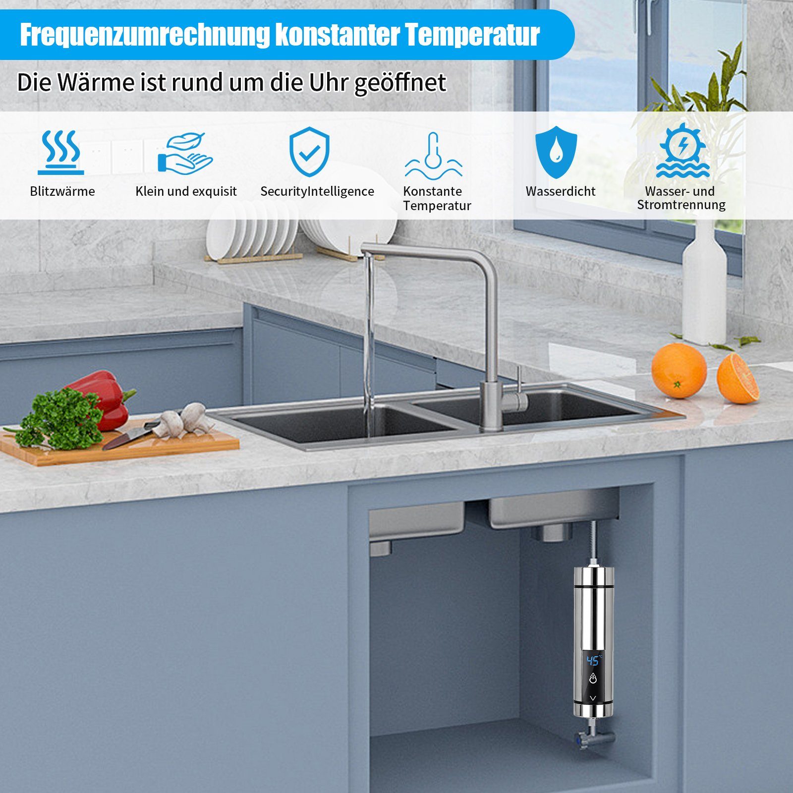 TWSOUL Klein-Durchlauferhitzer 3500W Smart Inverter Elektrischer Durchlauferhitzer Silber, 30,00 °C, max 52,00 °C, Automatische Frequenzumwandlung bei konstanter Temperatur