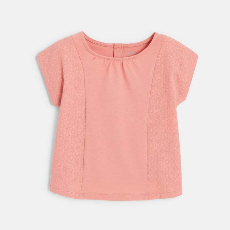 Blouse brodée bi-matière rose bébé fille