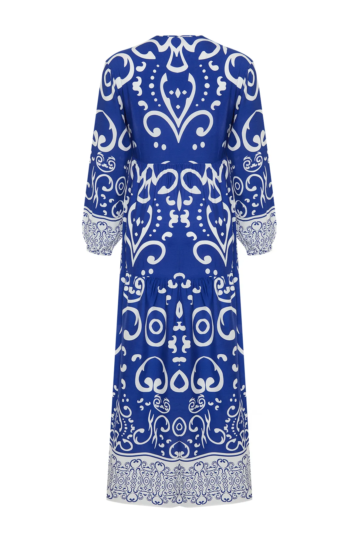 Trendyol Modest  Blaues Viskosekleid mit Schalkragen und Knopfleiste TCTSS24EB00244