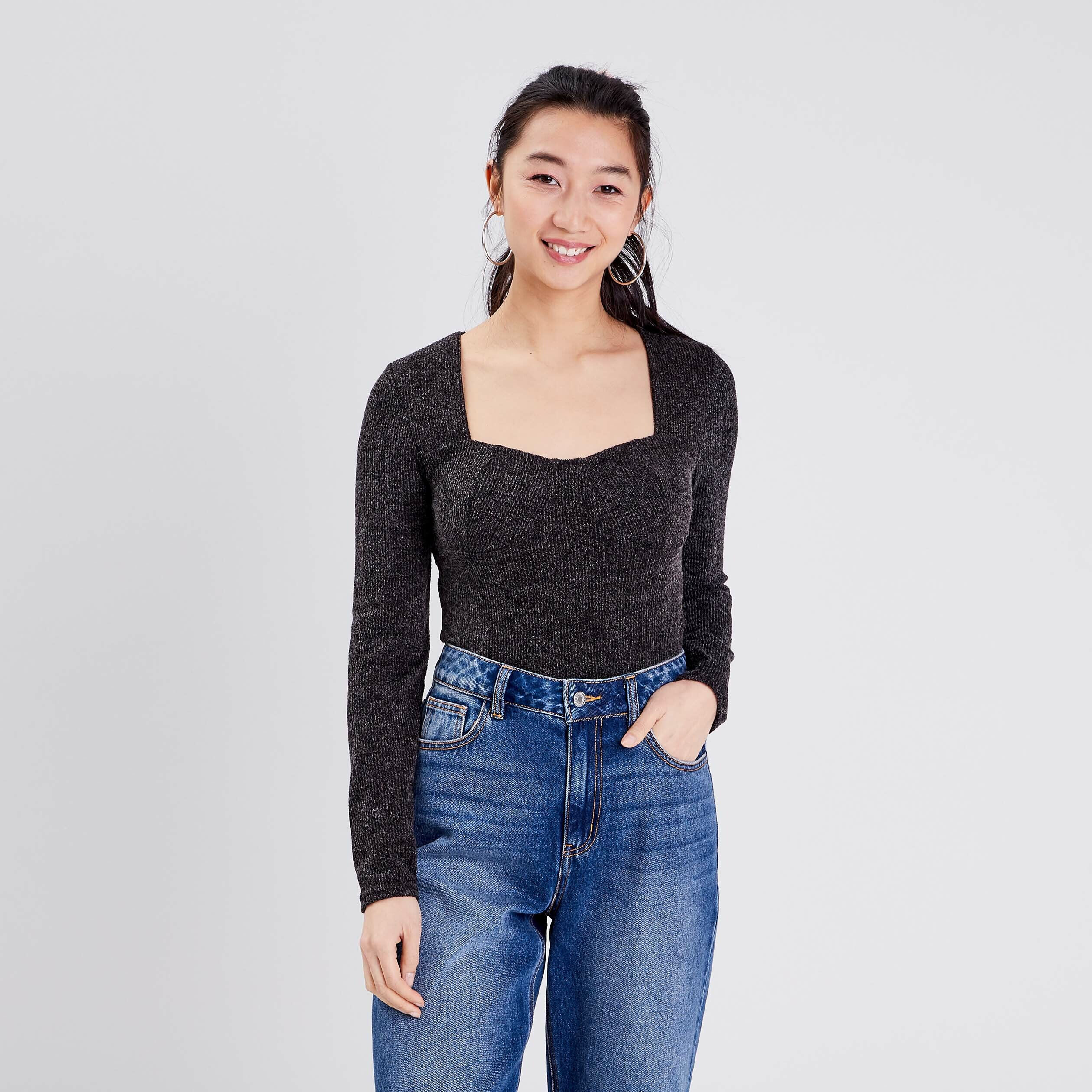 T-shirt manches longues noir femme | Cache Cache