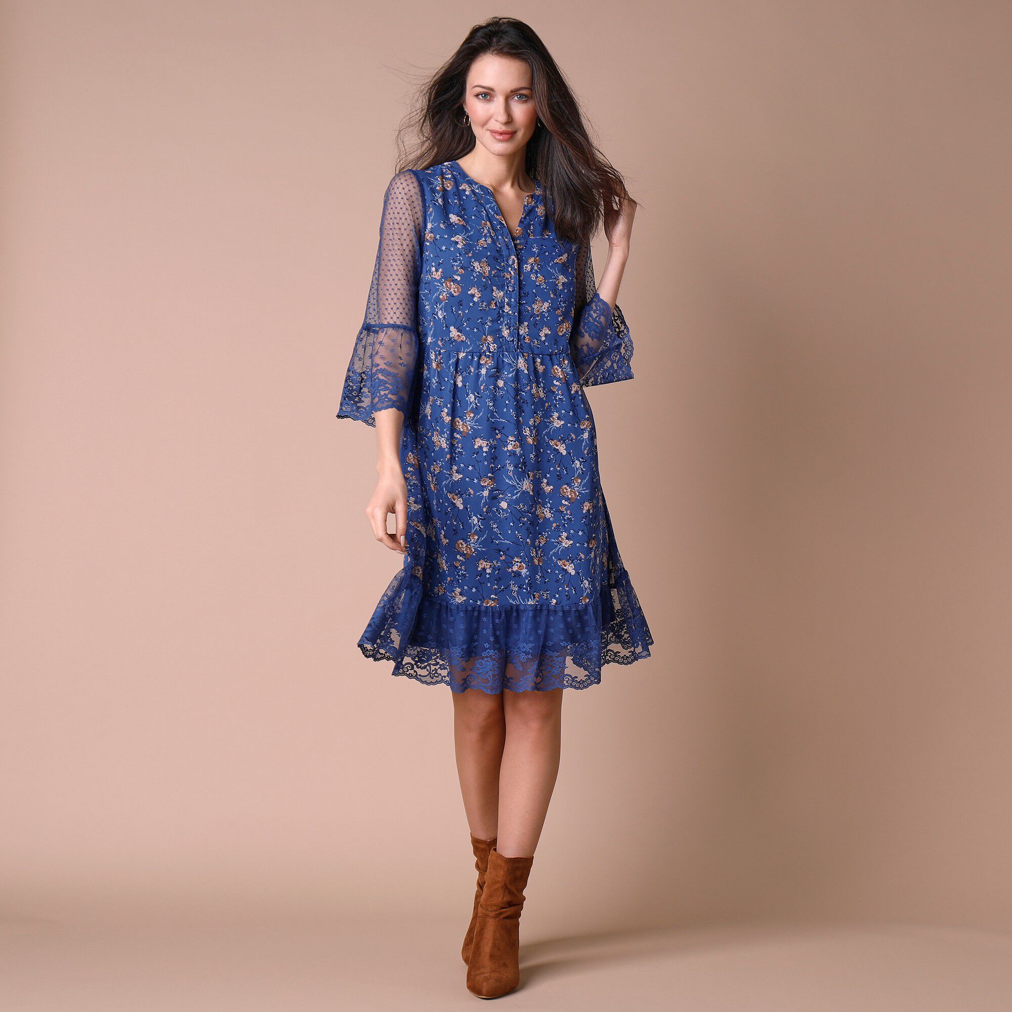 Robe dentelle manches 3/4 imprimée