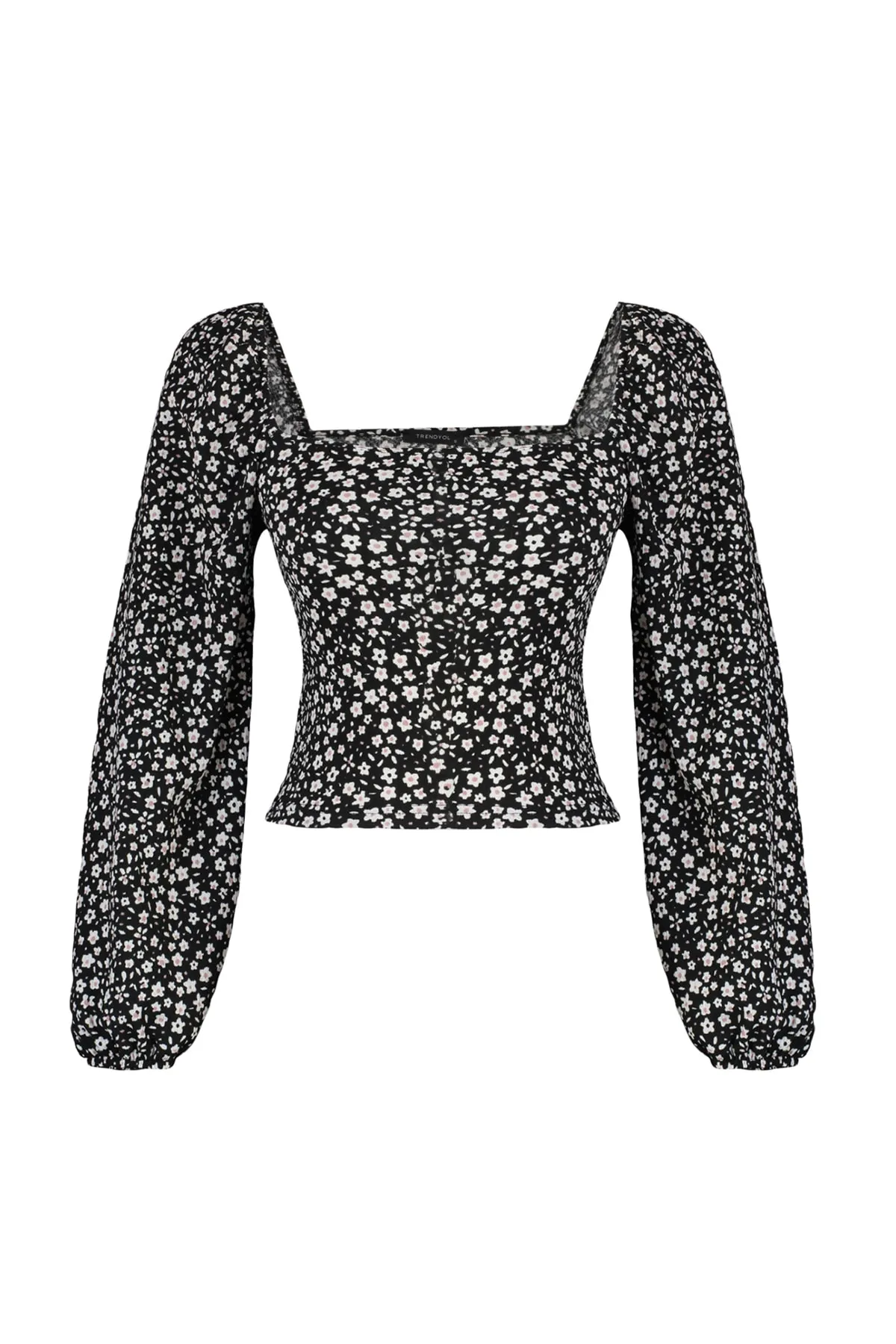 Trendyol Collection  Schwarzer, figurbetonter Pullover mit quadratischem Ausschnitt und strukturierter Strickbluse mit Blumenmuster TWOAW22BZ0254