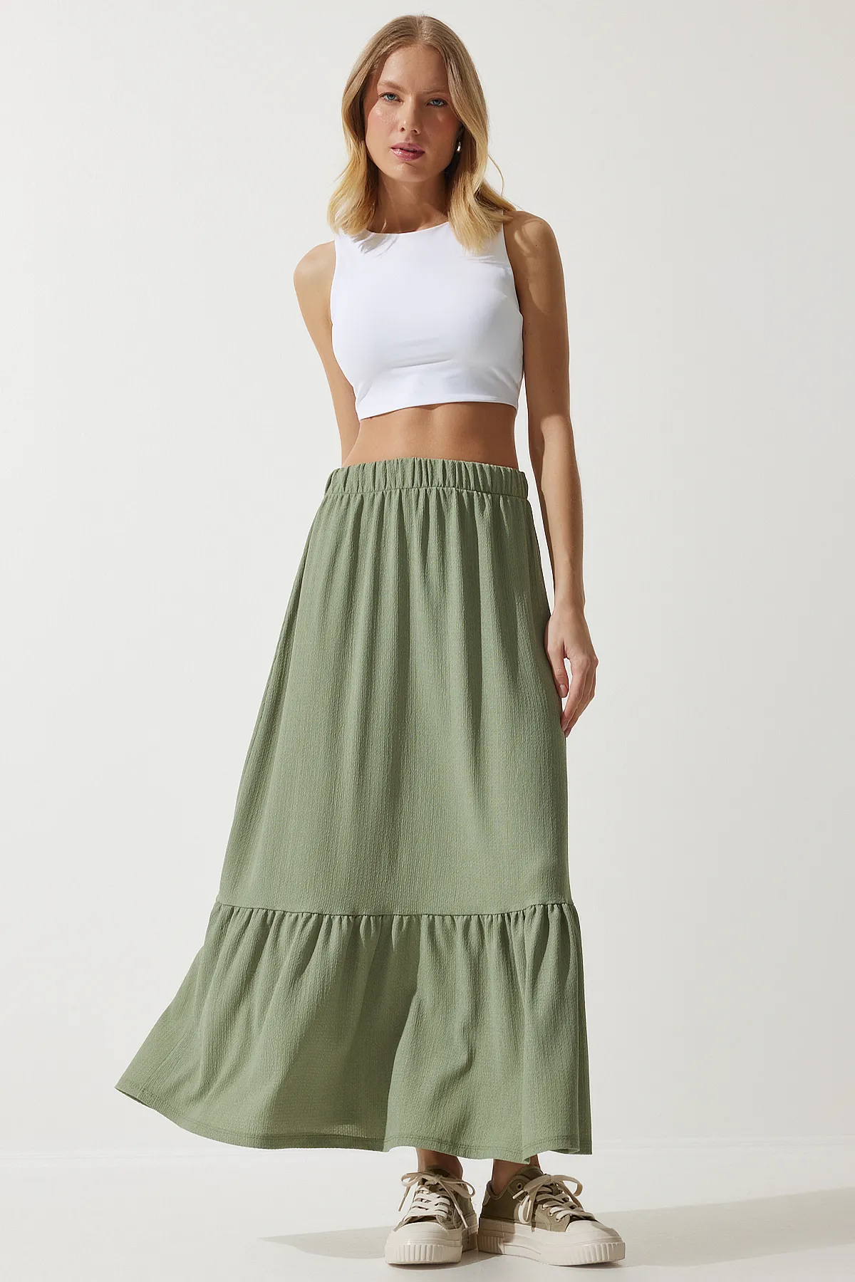 Happiness İstanbul  Grüner Volant-Sommer-Midirock für Damen DD01231