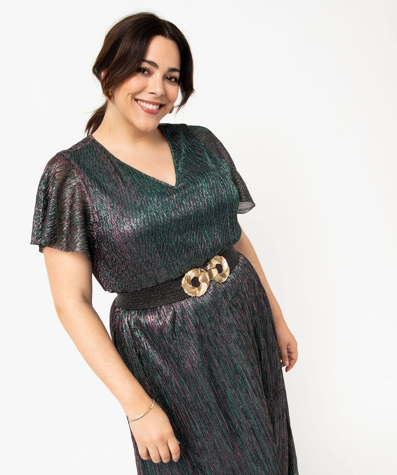 Robe à manches courtes en maille scintillante femme grande ... vert | GEMO