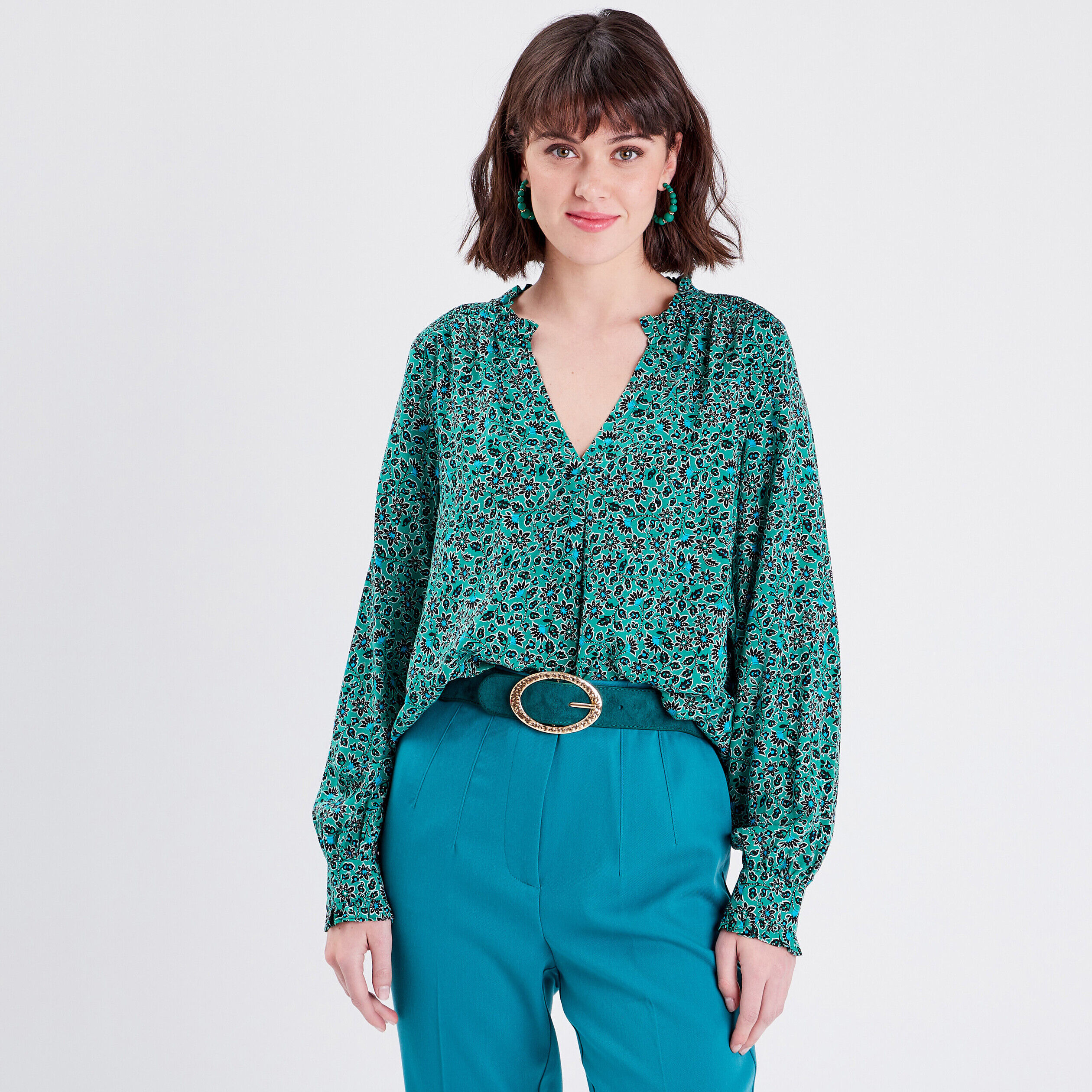 Blouse manches longues vert femme | Cache Cache