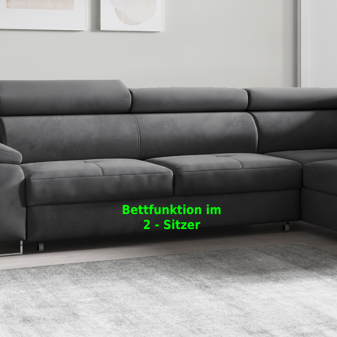 Möbel Punkt Wohnlandschaft Ecksofa Monaco Samt Grau mit Bett Bettkasten Kopfteilverstellung Bett Sofa Schlafsofa Ottomane rechts