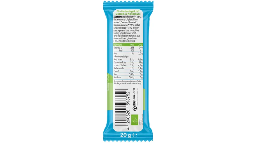 pumpkin organics Bio Haferriegel mit Dattel & Kokos 20 g
