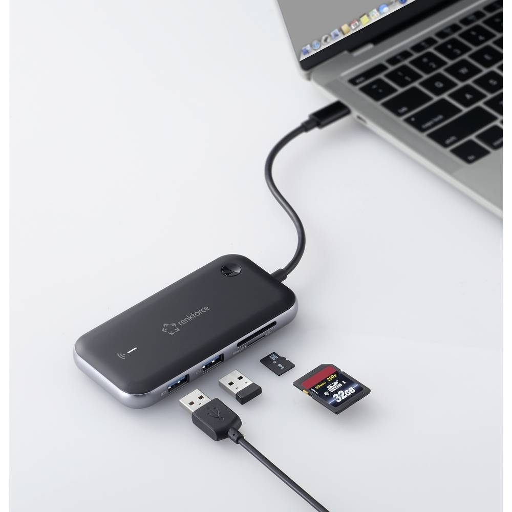 Renkforce Laptop-Dockingstation USB-C Hub zur drahtlosen Bildübertragung, drahtlose Bildübertragung, integrierter Kartenleser