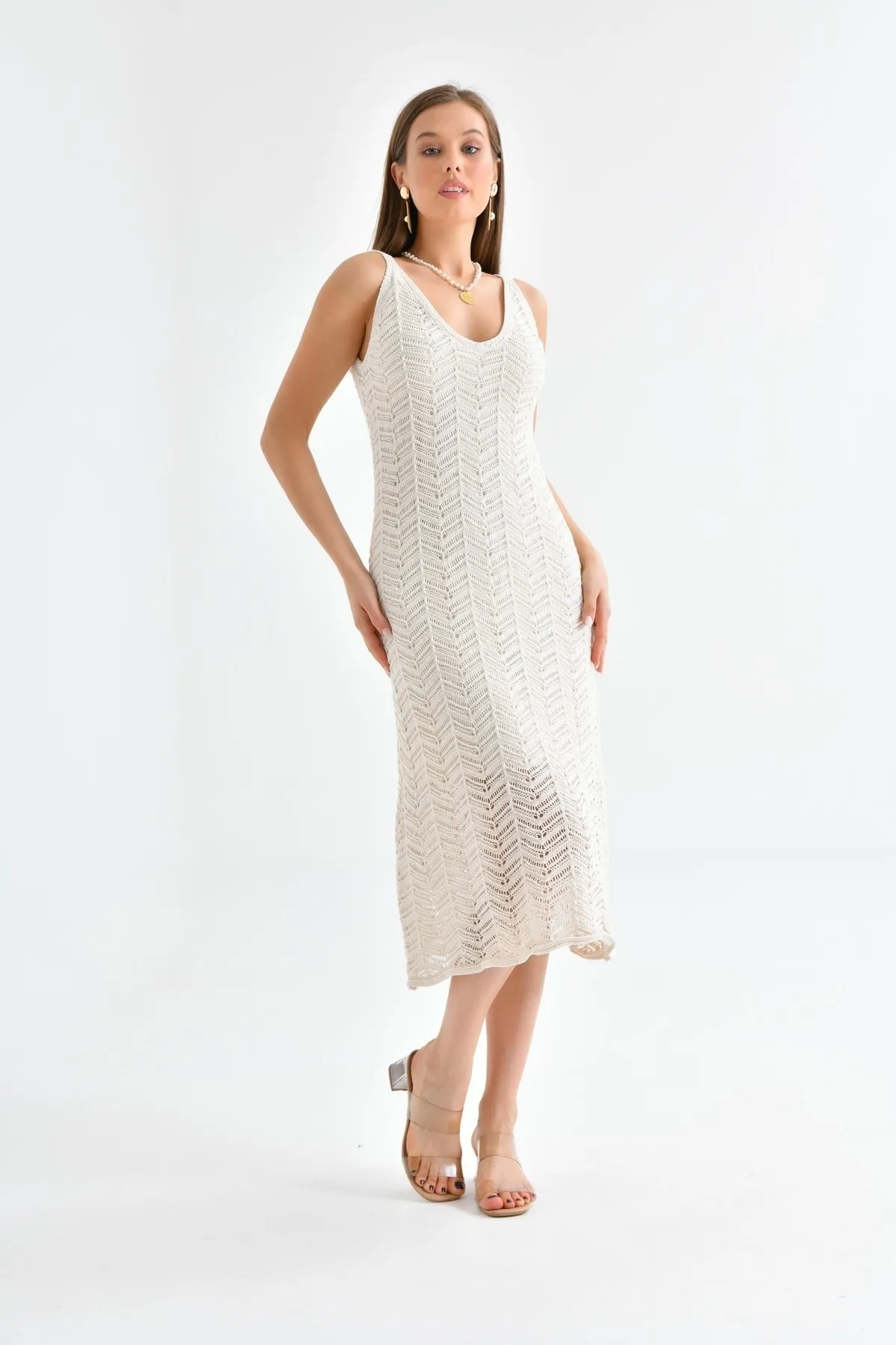 VOLT CLOTHİNG  Damen Sommerkleid mit Riemchenmuster und durchbrochener Strickfütterung