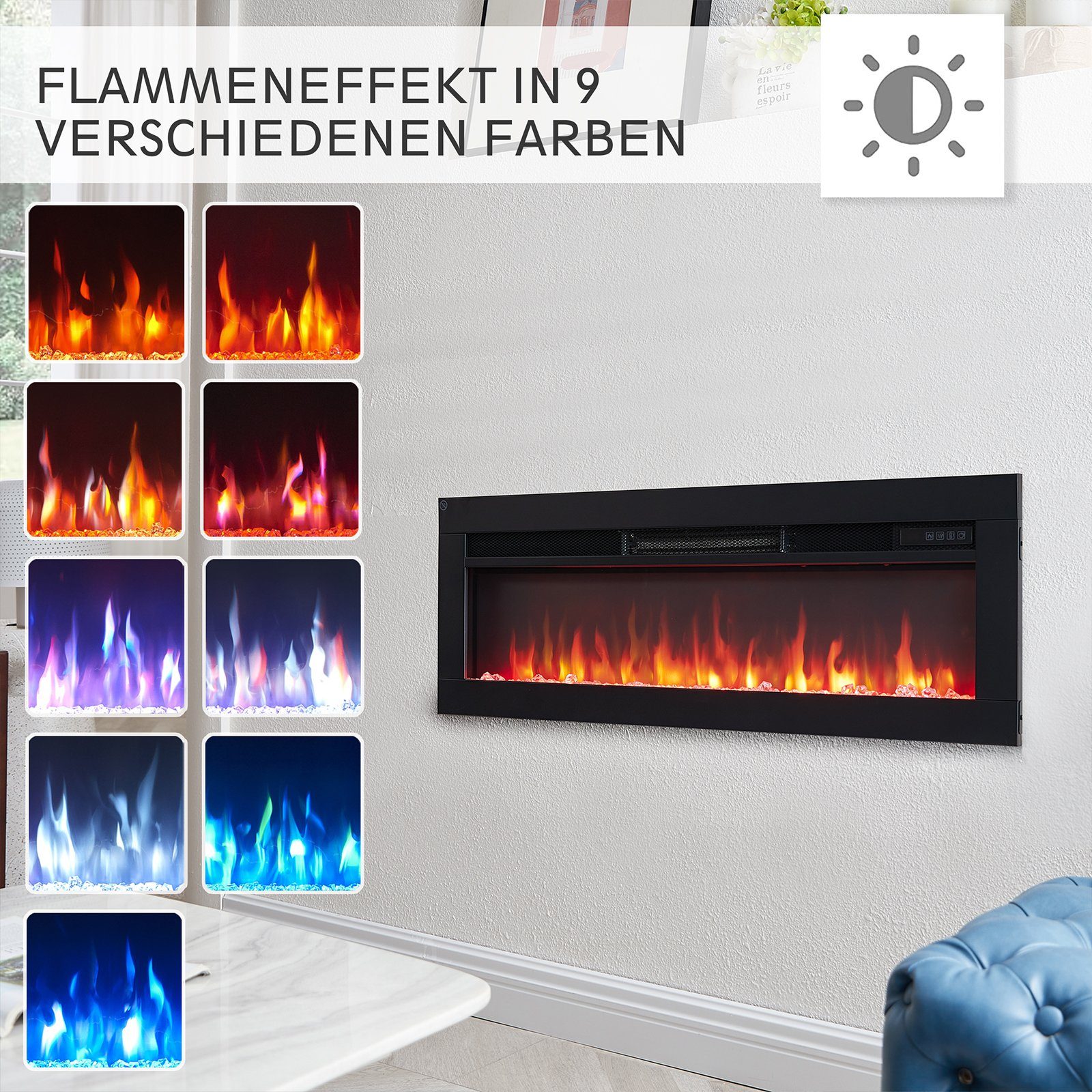 Balderia Elektrokamin Agnes, Elektrischer 3in1 Stand-, Wand- oder Einbaukamin, Heizung 1800 W, 3D-Flammeneffekt, Fernbedienung, Timer, Thermostat