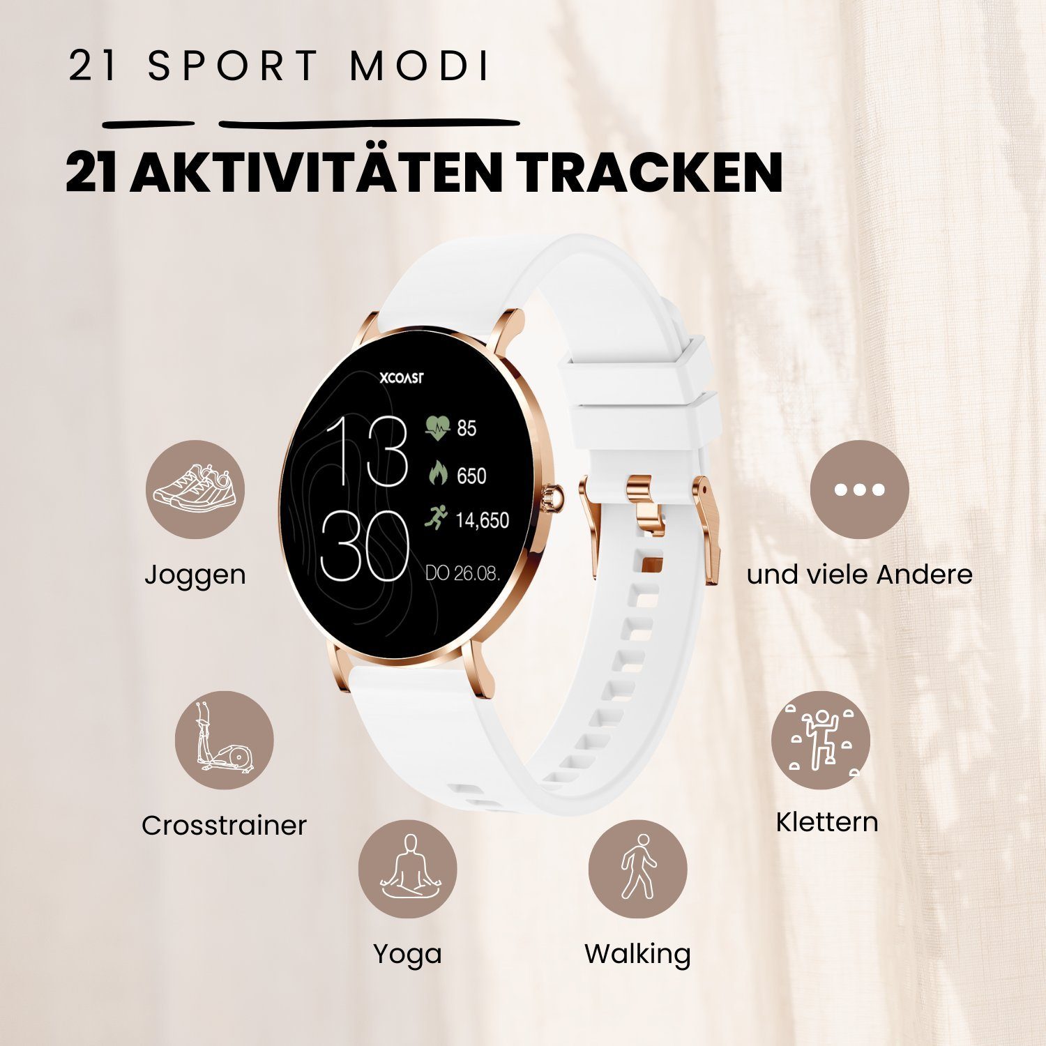 XCOAST SIONA 2 Damen Smartwatch (4,2 cm/1,3 Zoll, iOS und Android) Polar White, Fitness Tracker, 3-tlg., neueste Generation, Blutsauerstoffmesser, Wasserdicht, Ultra flach, Puls, Blutdruck, brillante Farben, AMOLED