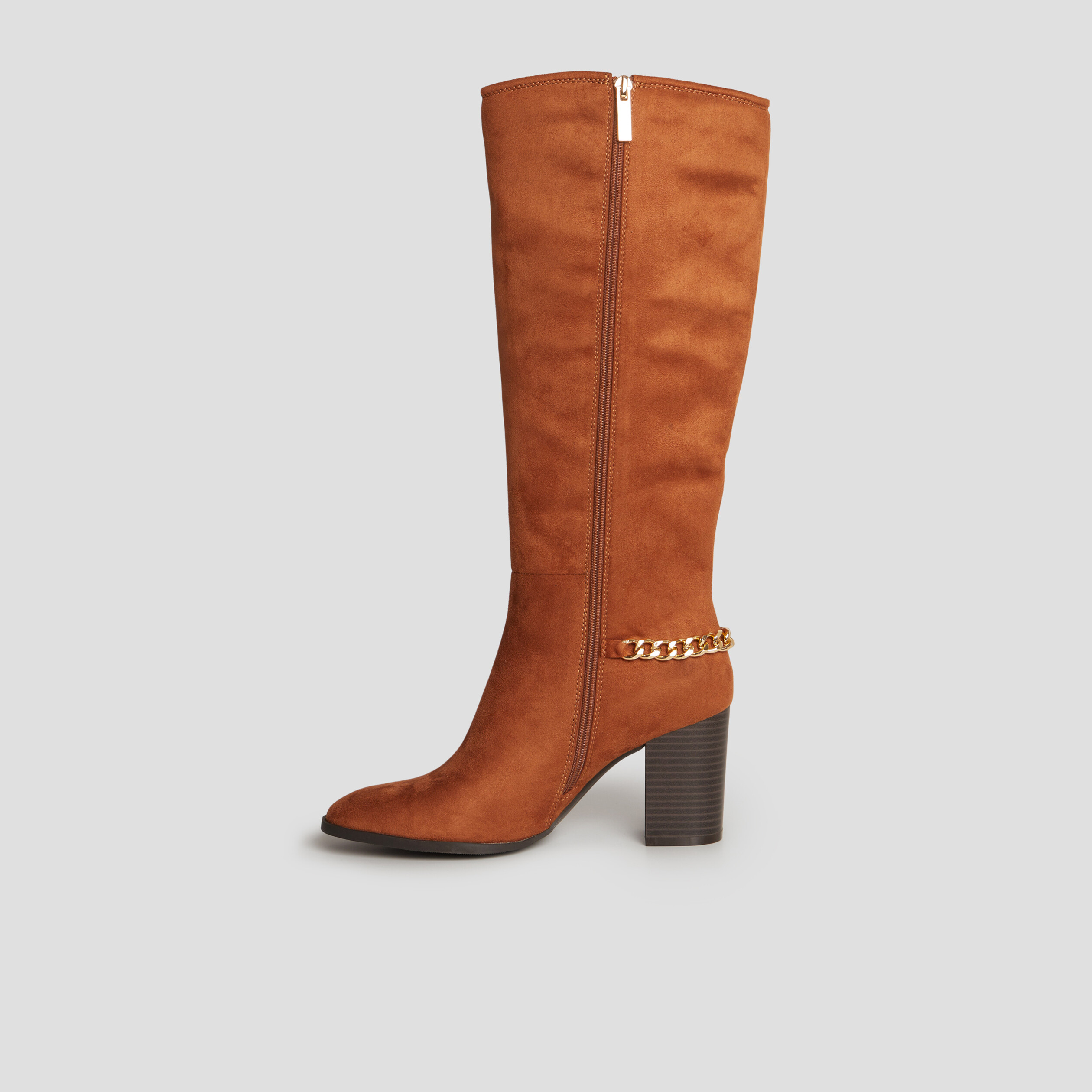 Bottes hautes détails chaînes à talons marron cognac femme | La Halle