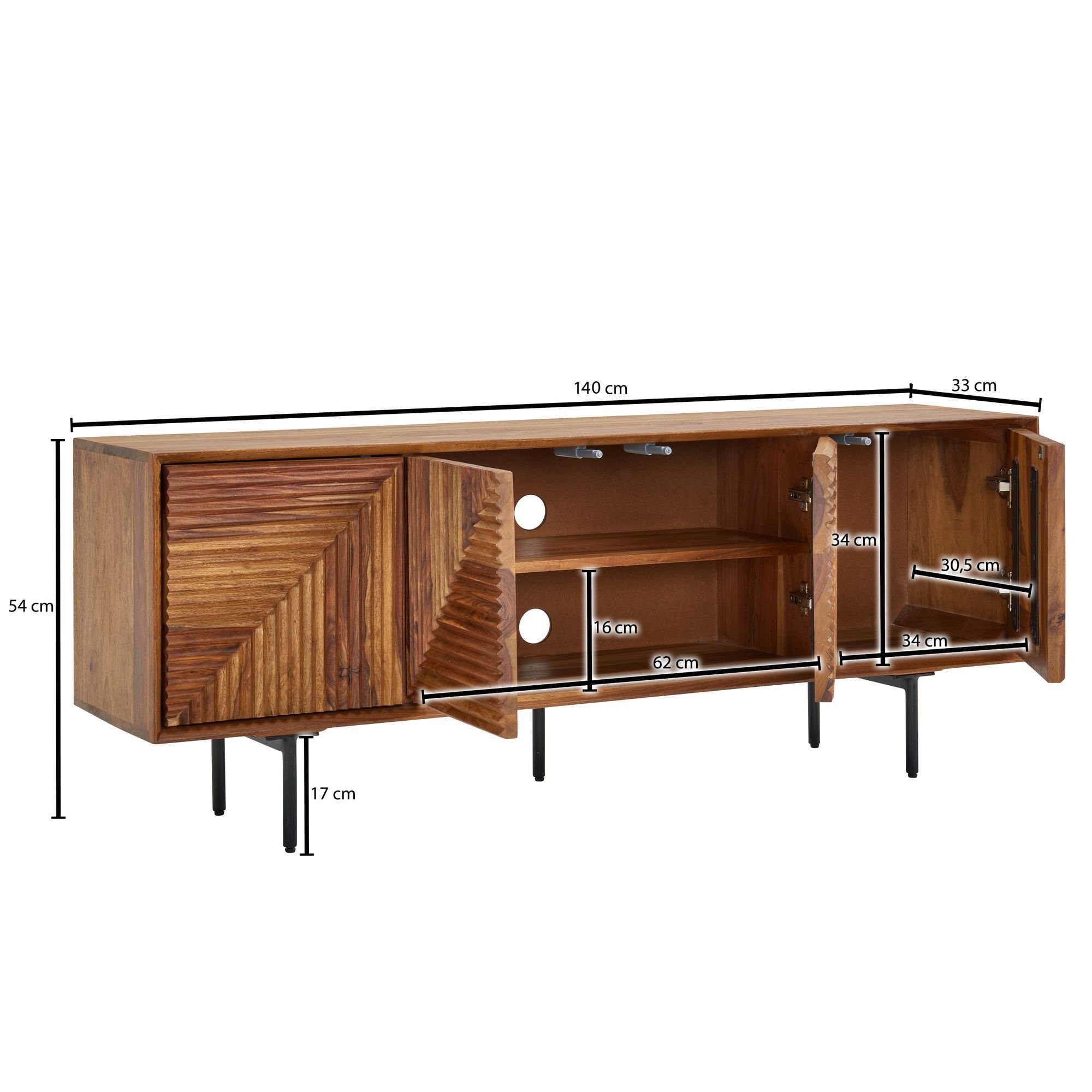 FINEBUY Lowboard FB78855 (Sheesham Massivholz 140x54x33 cm mit vier Türen), TV-Schrank mit Stauraum, Fernsehkommode Modern