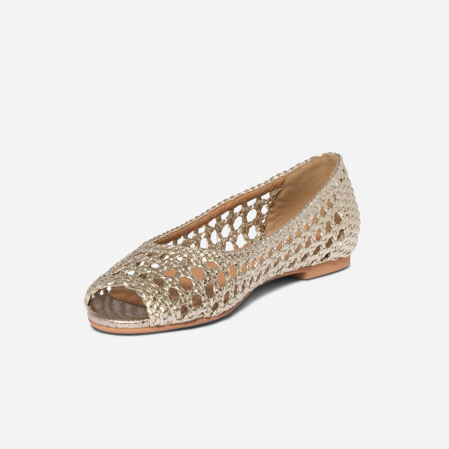 Ballerine open-toe dorée tressée esprit cannage