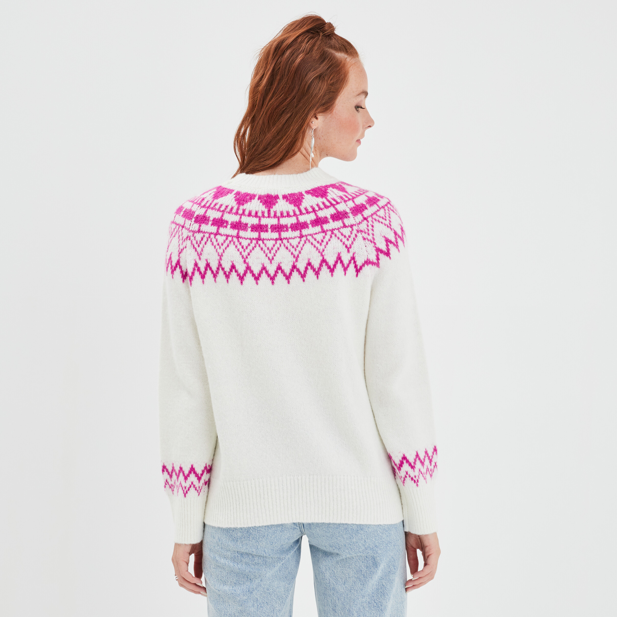 Pull col rond manches longues Creeks blanc femme | La Halle