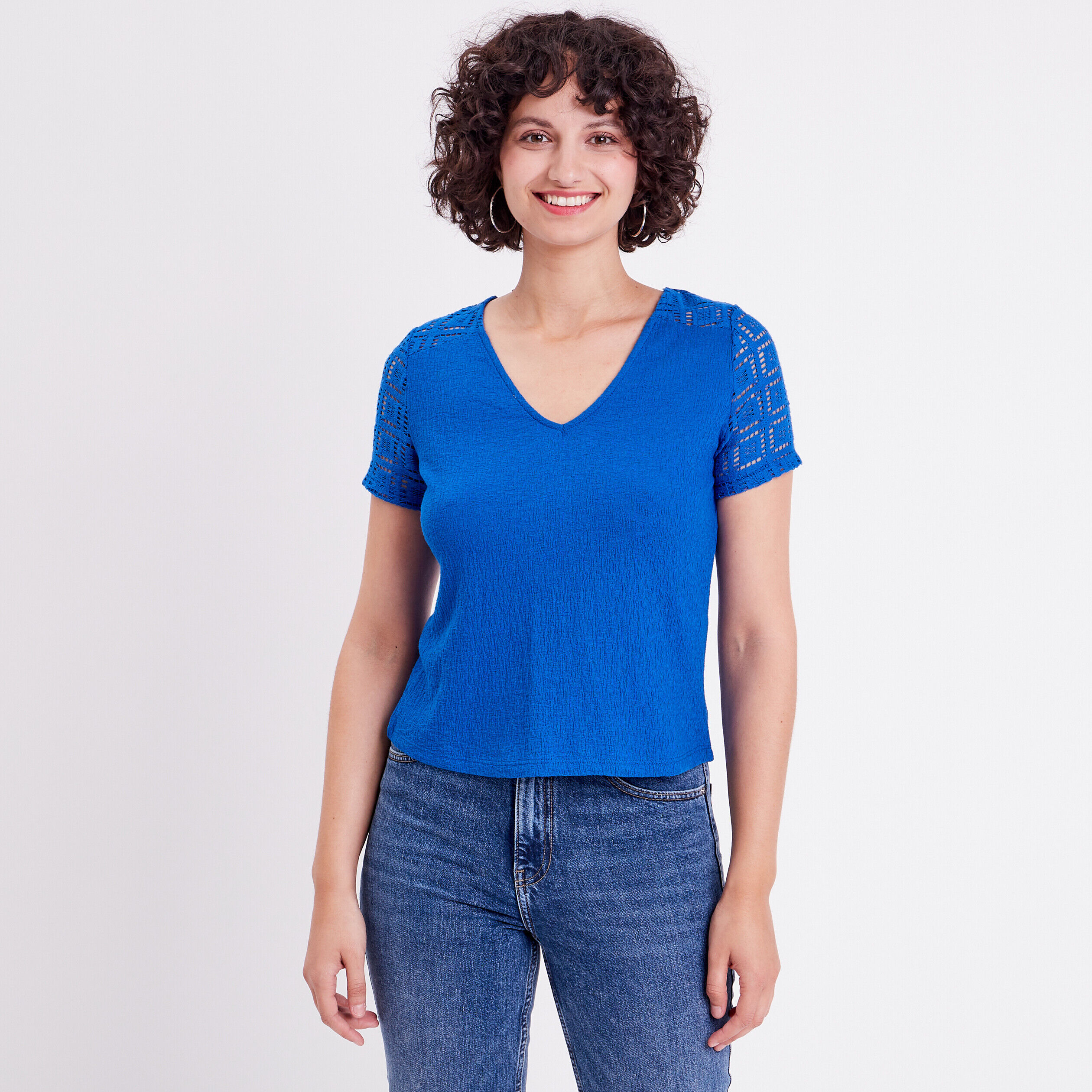 T-shirt col en V bleu roi femme | Cache Cache