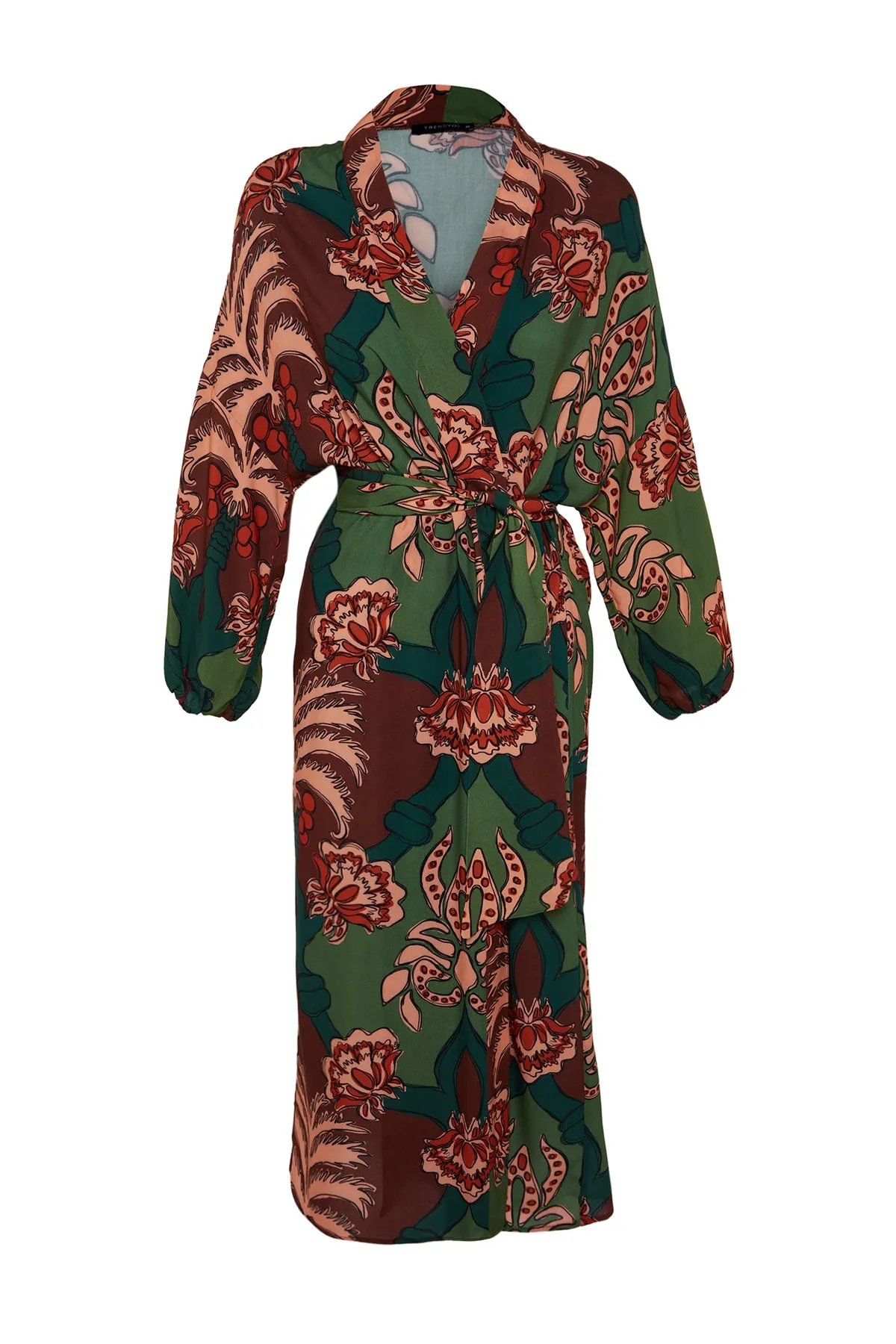 Trendyol Collection  Tropisch gemusterter Maxi-Kimono und Kaftan aus 100 % Baumwolle mit Gürtel TBESS23KM00057