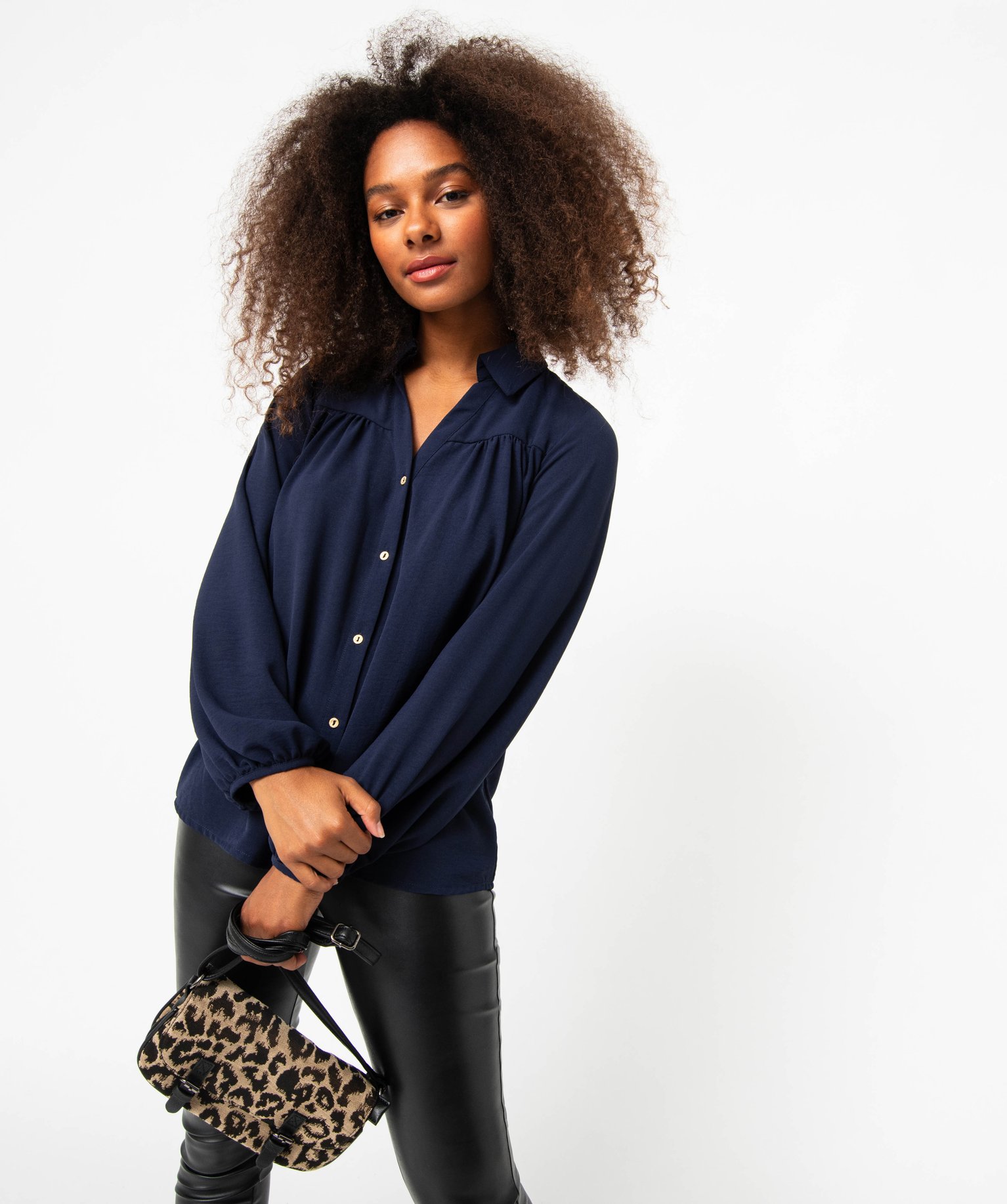 Chemise unie à manches longues femme bleu fonce | GEMO