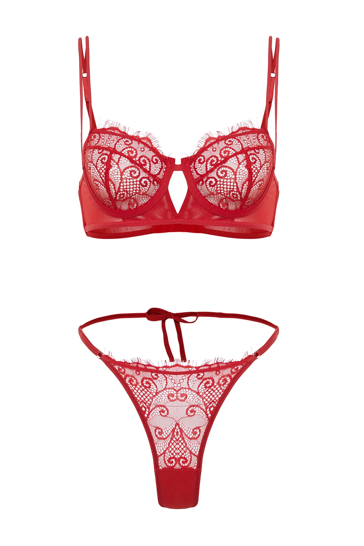 Trendyol Collection  Rotes, kappenloses Dessous-Set aus Strick mit Spitzenbesatz und Seilriemen THMSS24CC00025