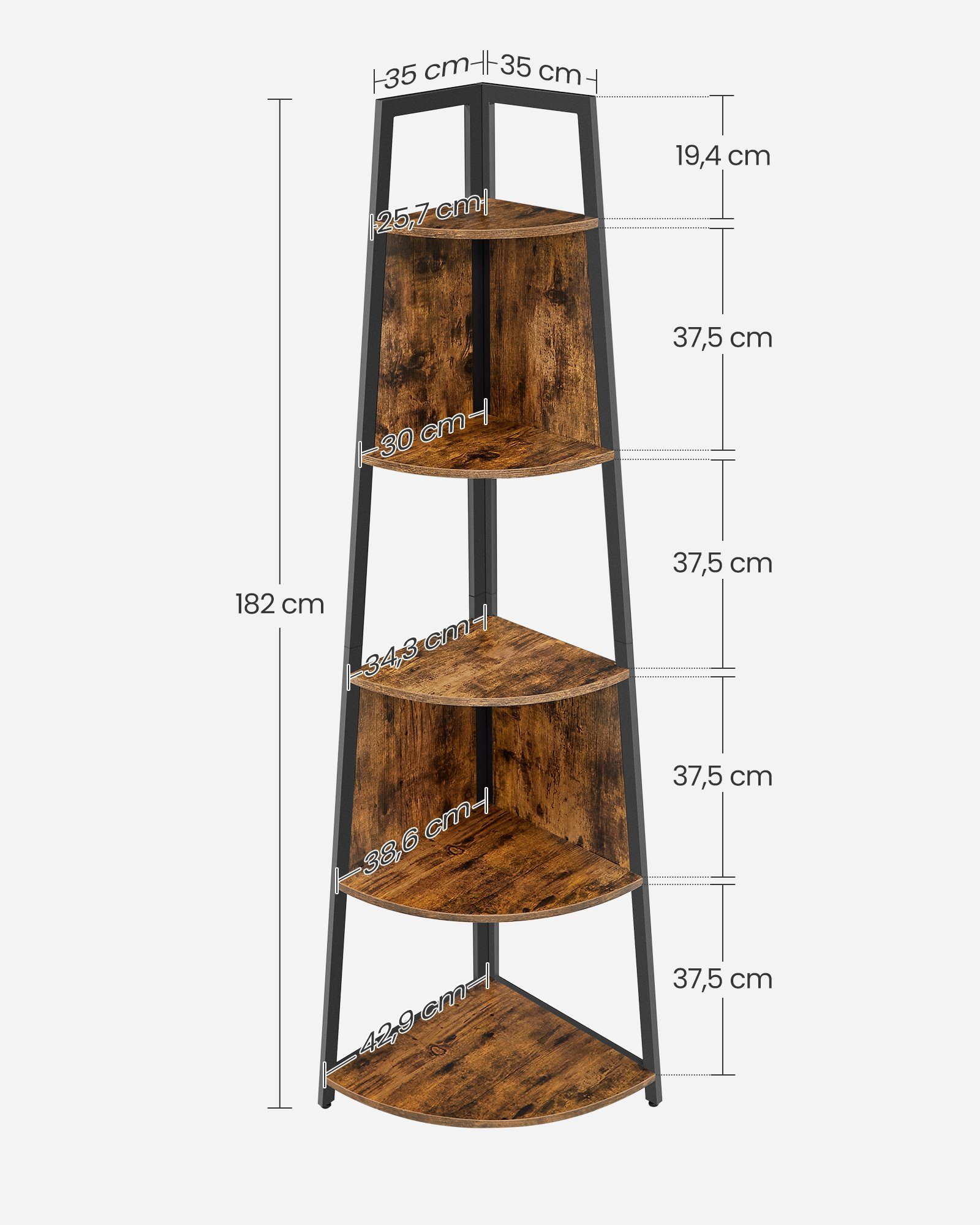 VASAGLE Eckregal Bücherregal, mit 5 Ablagen, Standregal, 45 x 45 x 182 cm