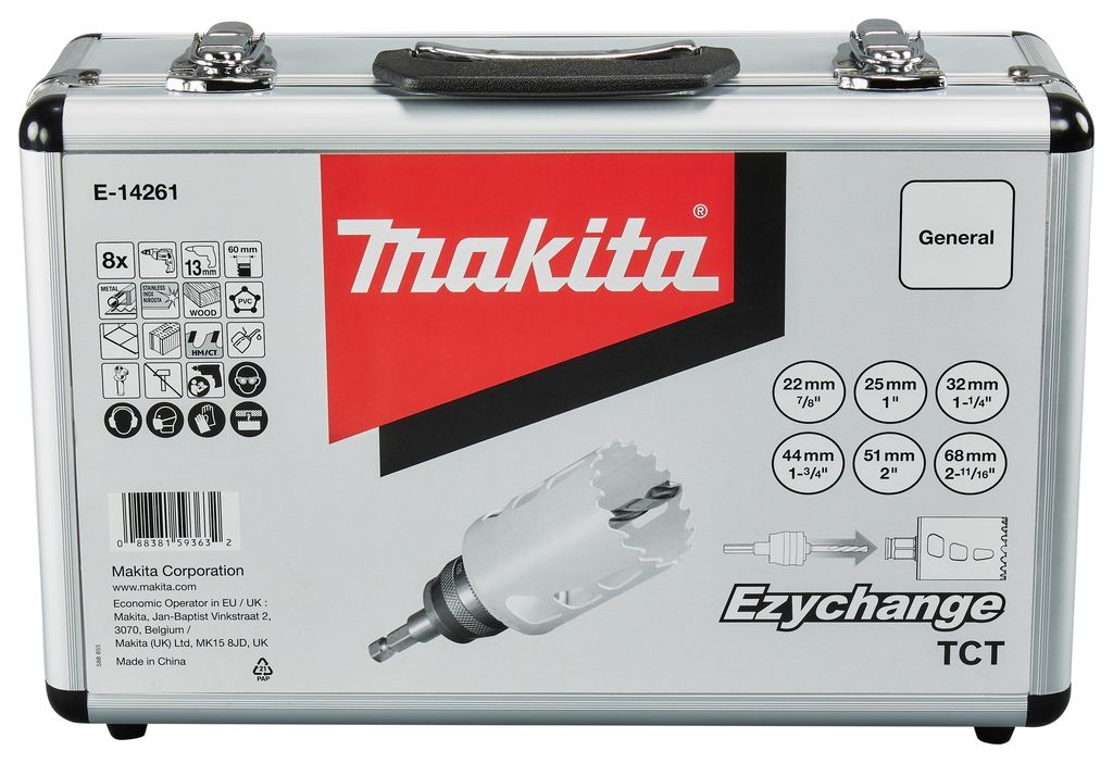 Conjunto de serras copo Makita E-14261 com 8 peças, medidas 22 - 25 - 32 - 44 - 51 - 68 mm, para madeira/metal/pedra, sistema Ezychange, estojo incluso.