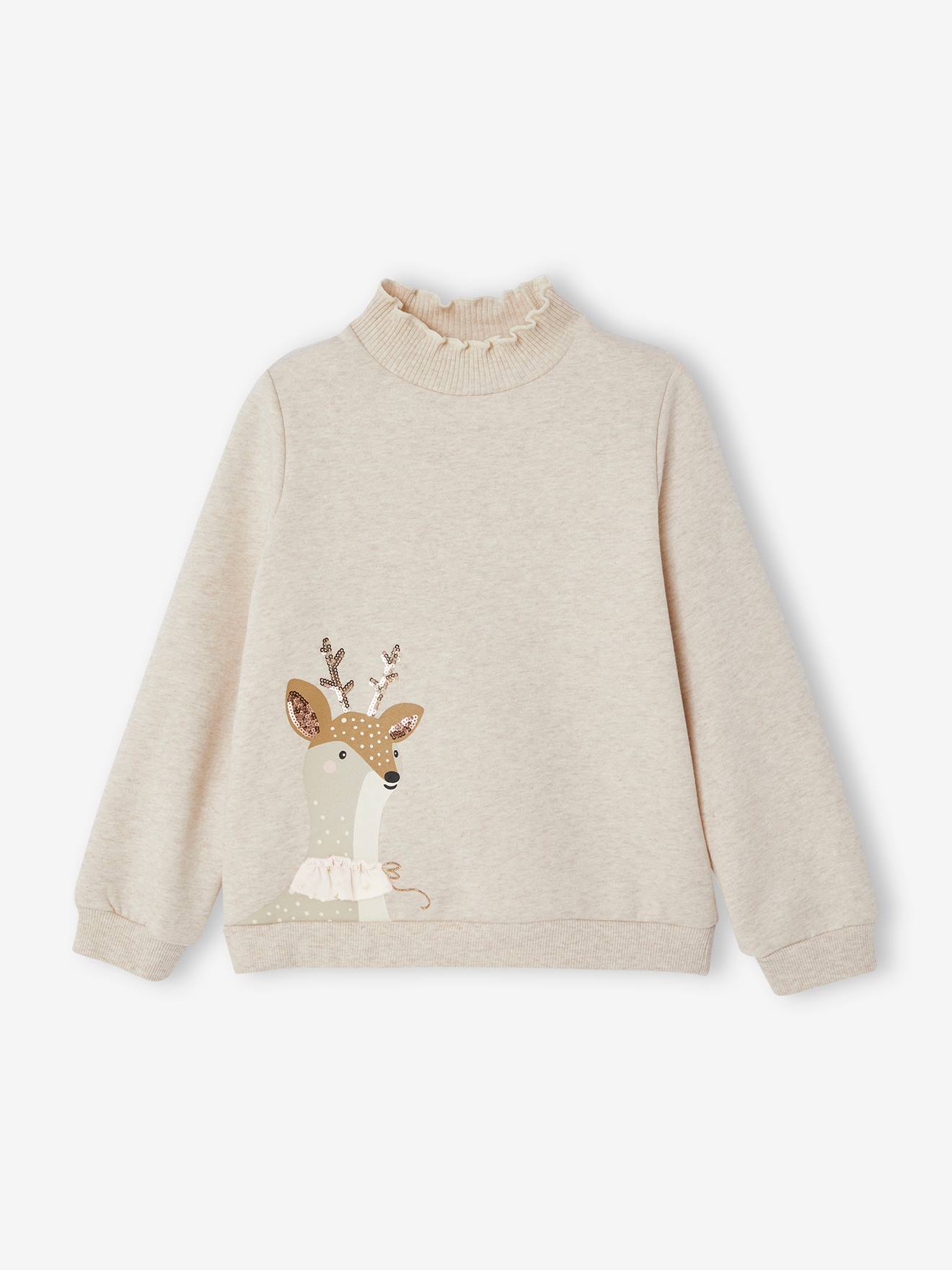 Vertbaudet Mädchen Weihnachts-Sweatshirt mit Reh - beige meliert