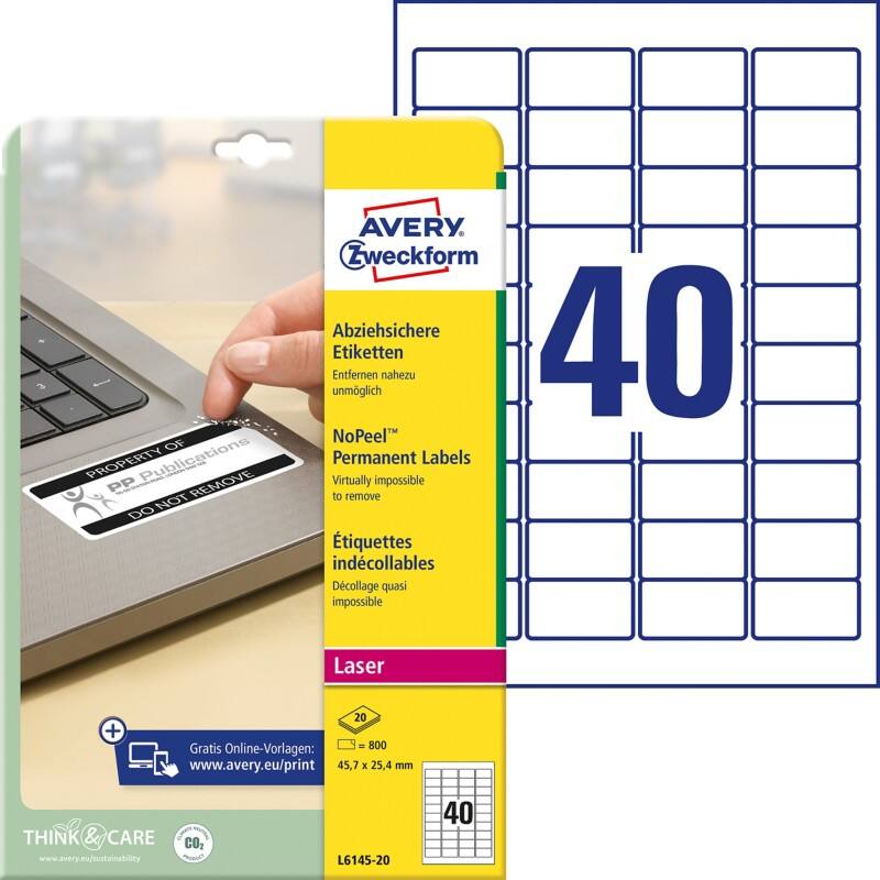 AVERY Zweckform L6145-20 Etiketten Abziehsicher DIN A4 Weiß 45,7 x 25,4 mm 20 Blatt à 40 Etiketten