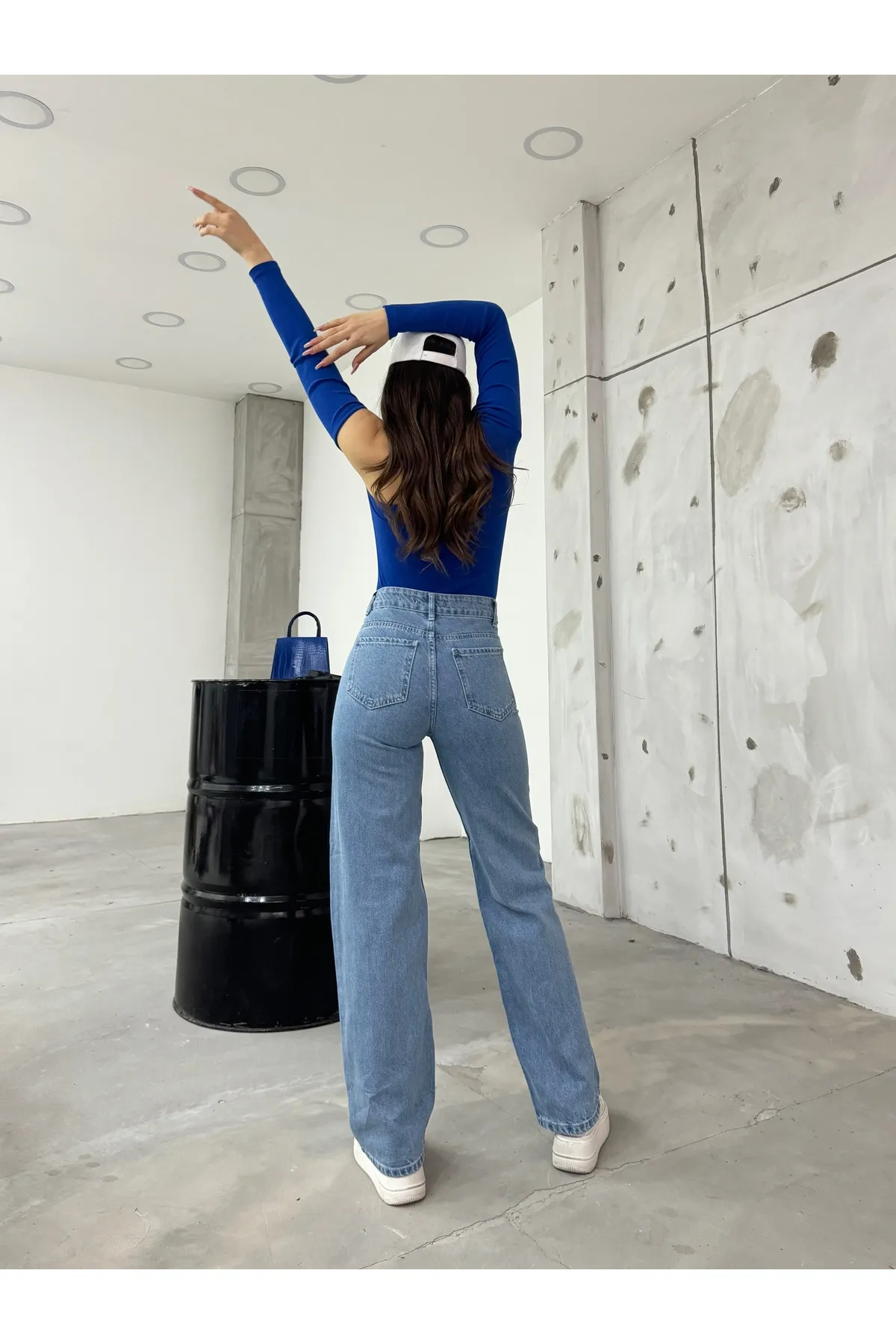 BİKELİFE  Blaue Jeans mit hoher Taille und weitem Bein aus Lycra-Stretch für Damen