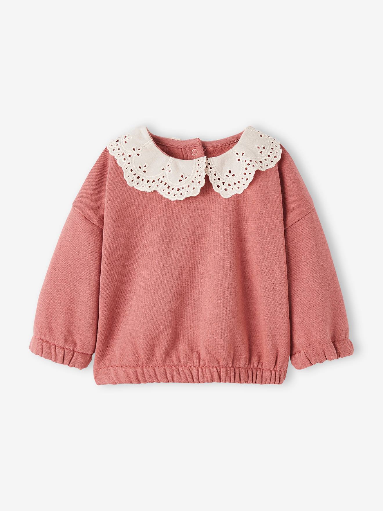 Sweat en molleton bébé col en broderie anglaise bois de rose