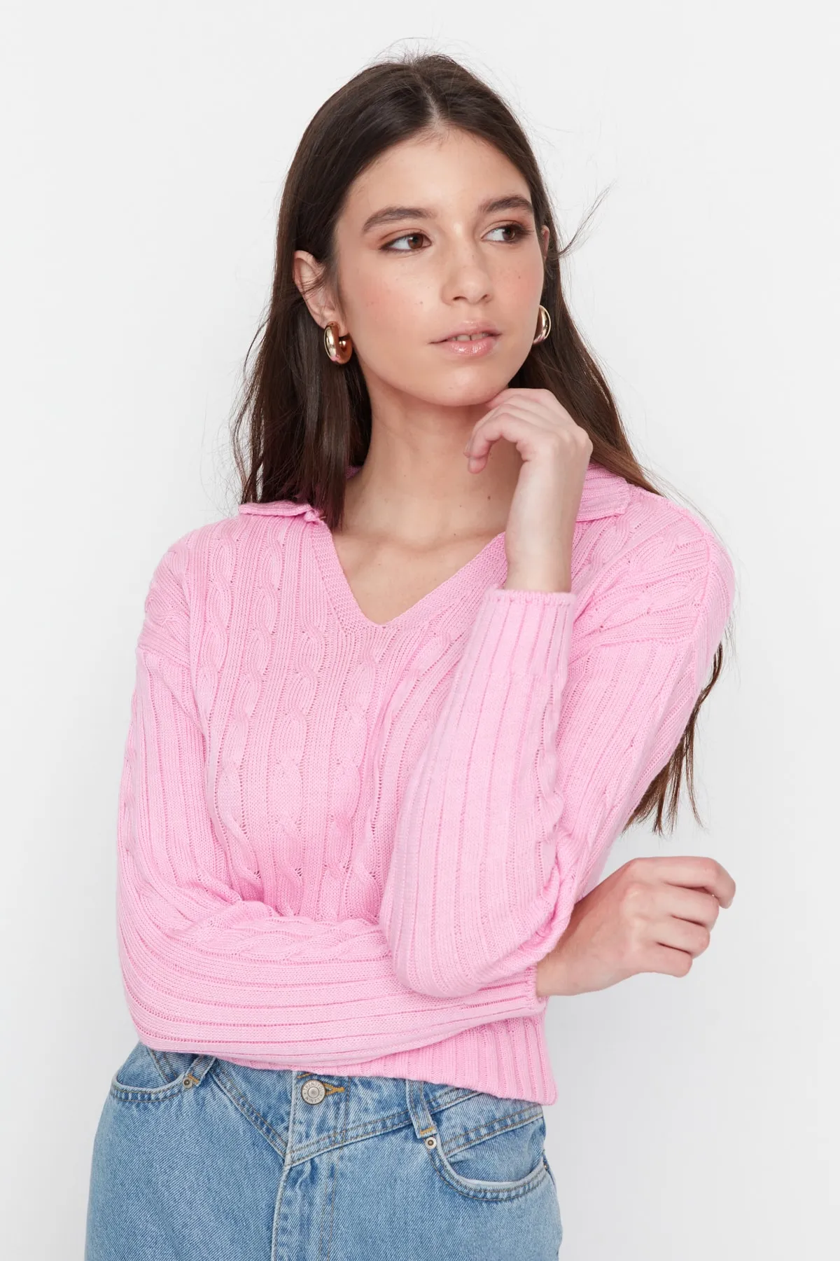 Trendyol Collection  Rosa Strickpullover mit detailliertem Muster TWOAW22KZ1506