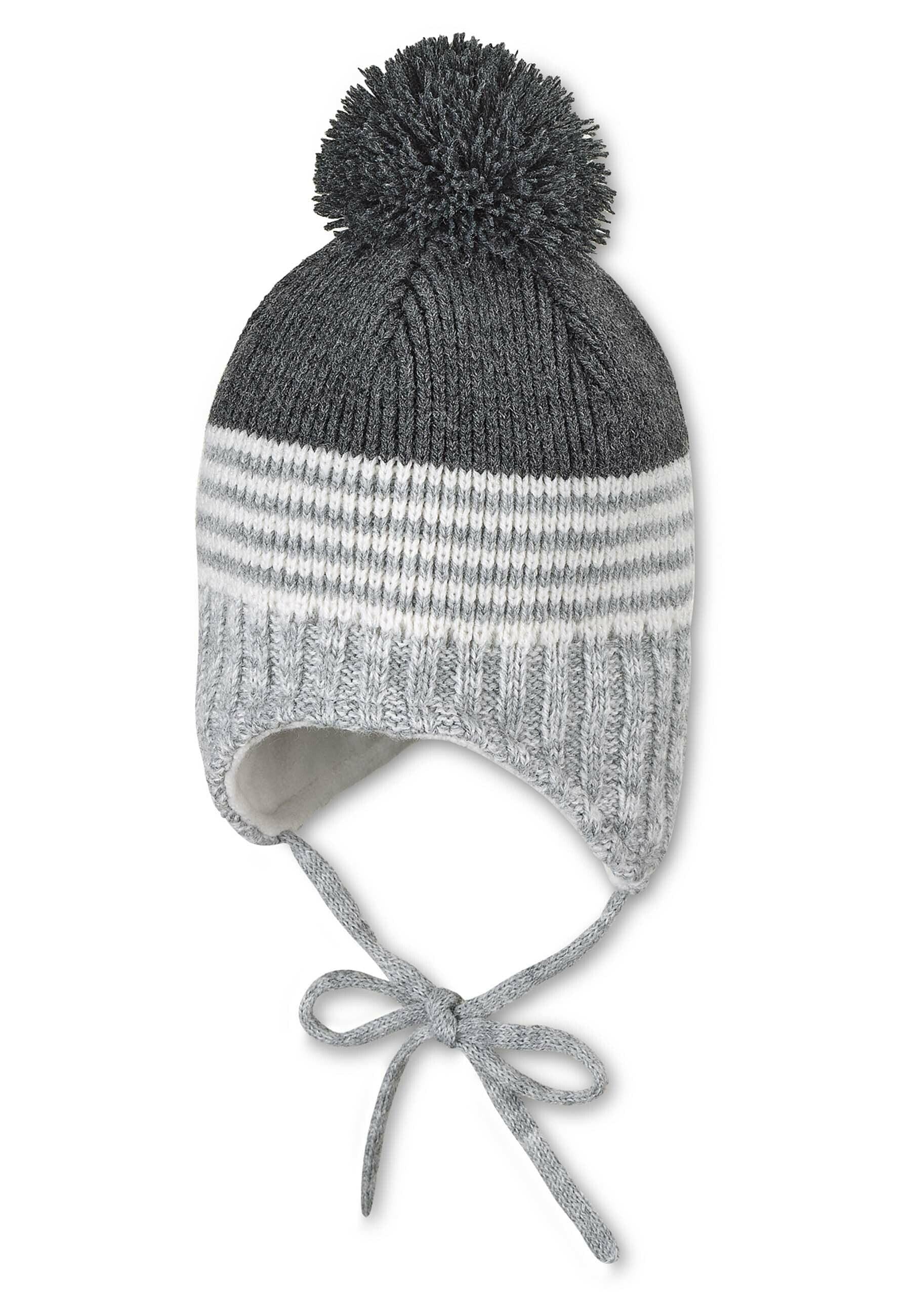 Strickmütze im Mustermix mit Bommel und Bindeband
